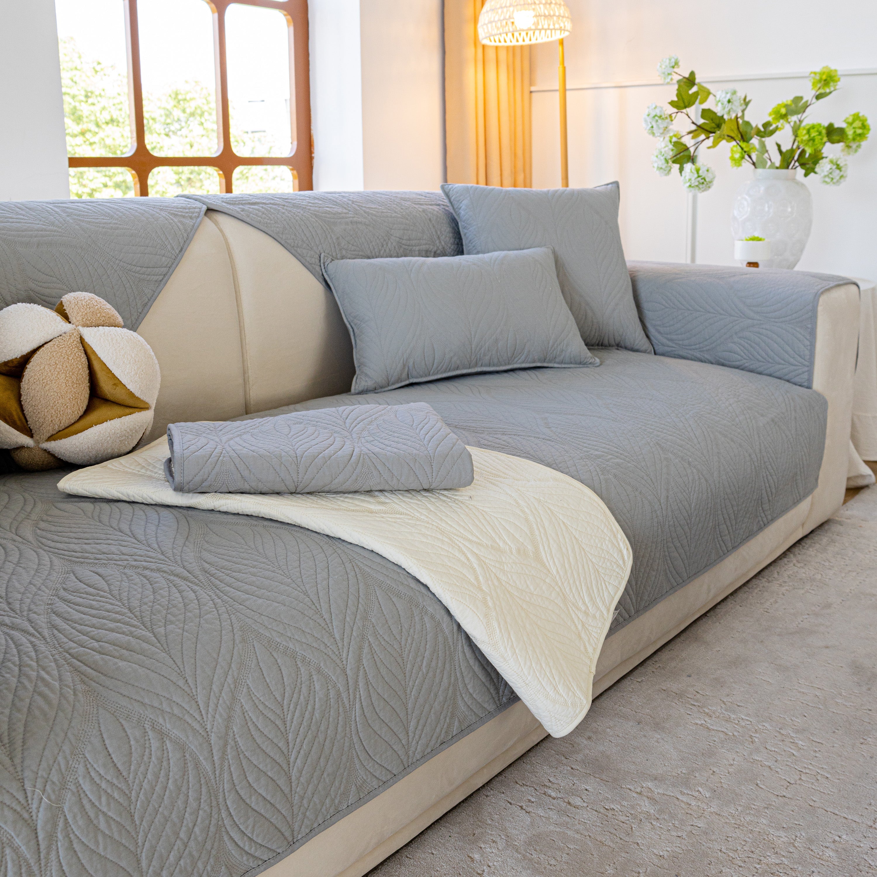 Leaf Vein Textured Cotton Quilted Sofa Slipcover, Non-slip Modular Couch Covers