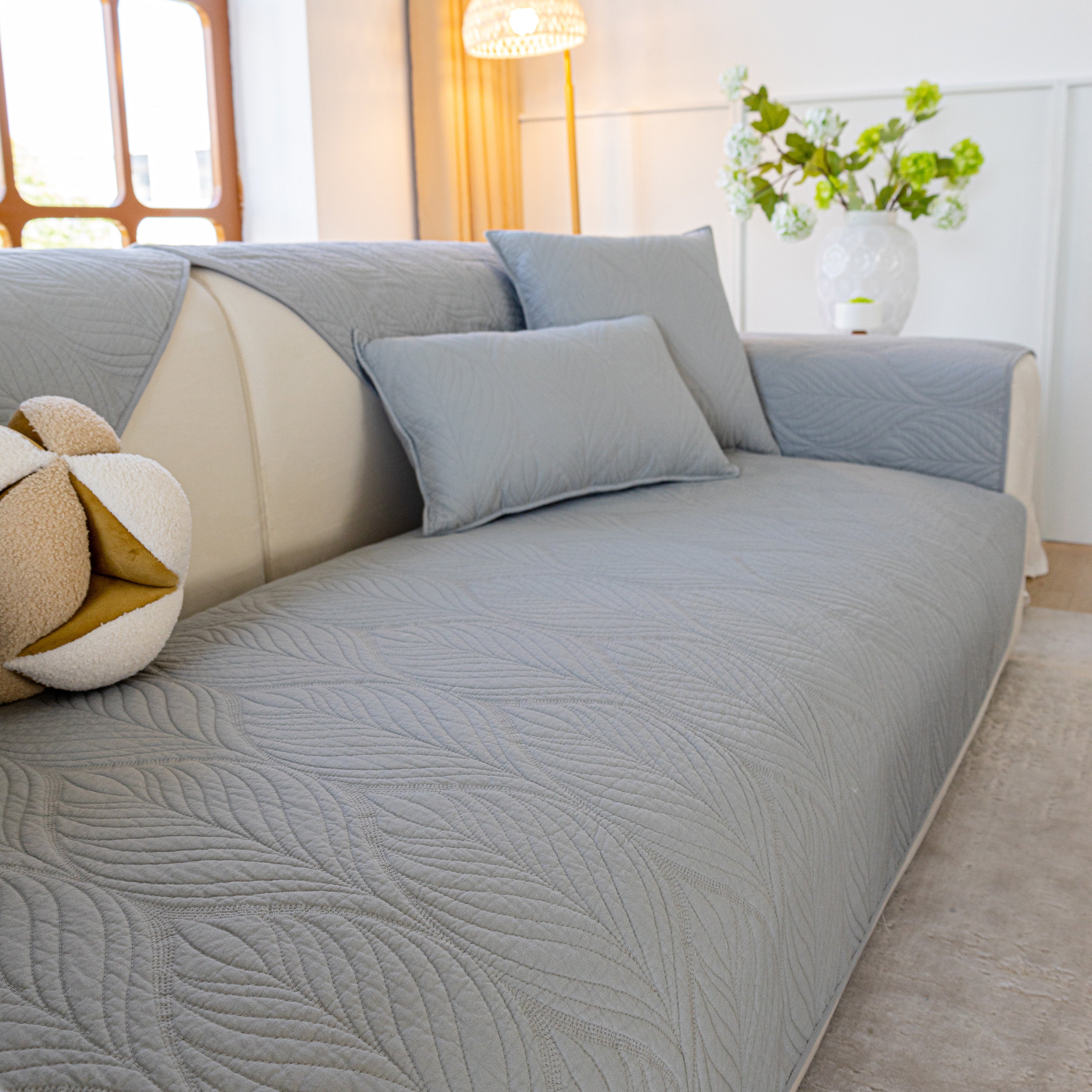 Leaf Vein Textured Cotton Quilted Sofa Slipcover, Non-slip Modular Couch Covers