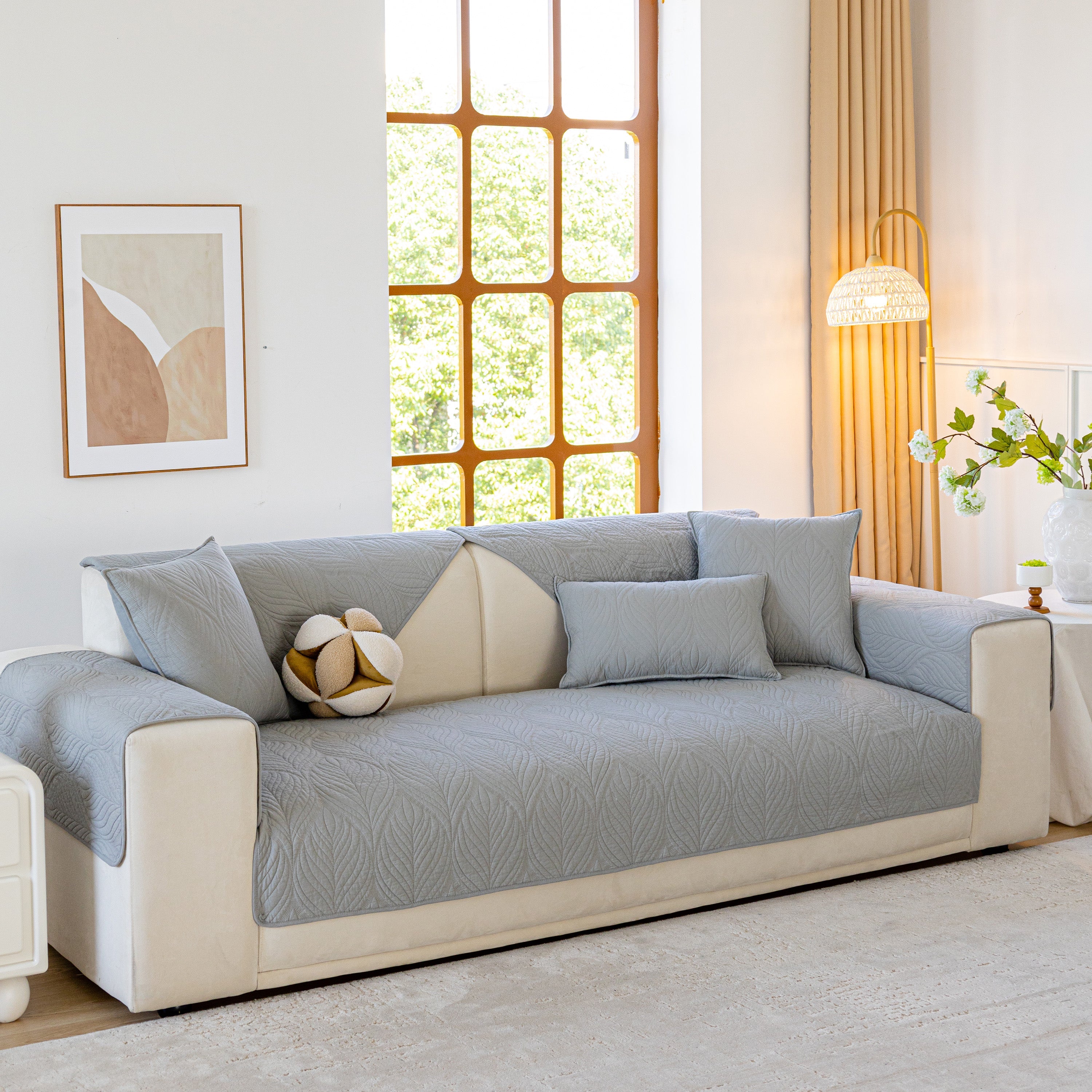 Leaf Vein Textured Cotton Quilted Sofa Slipcover, Non-slip Modular Couch Covers