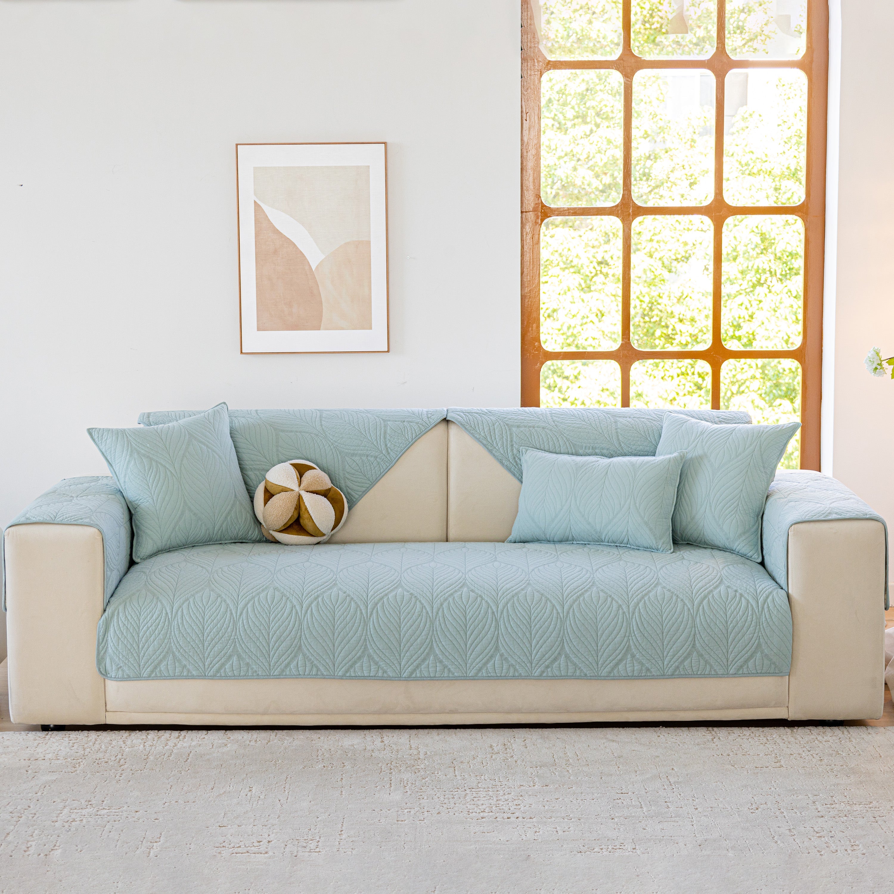 Leaf Vein Textured Cotton Quilted Sofa Slipcover, Non-slip Modular Couch Covers