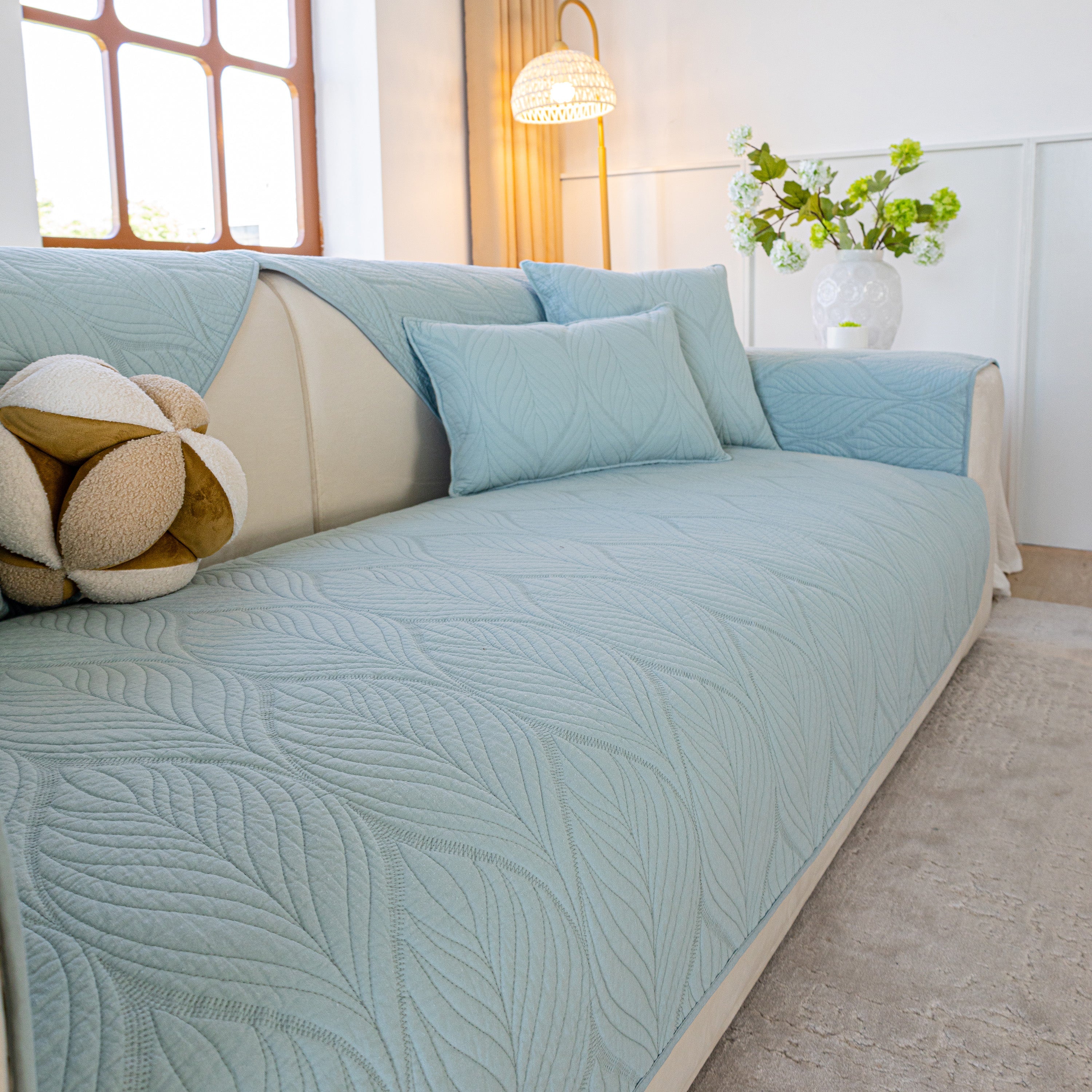 Leaf Vein Textured Cotton Quilted Sofa Slipcover, Non-slip Modular Couch Covers
