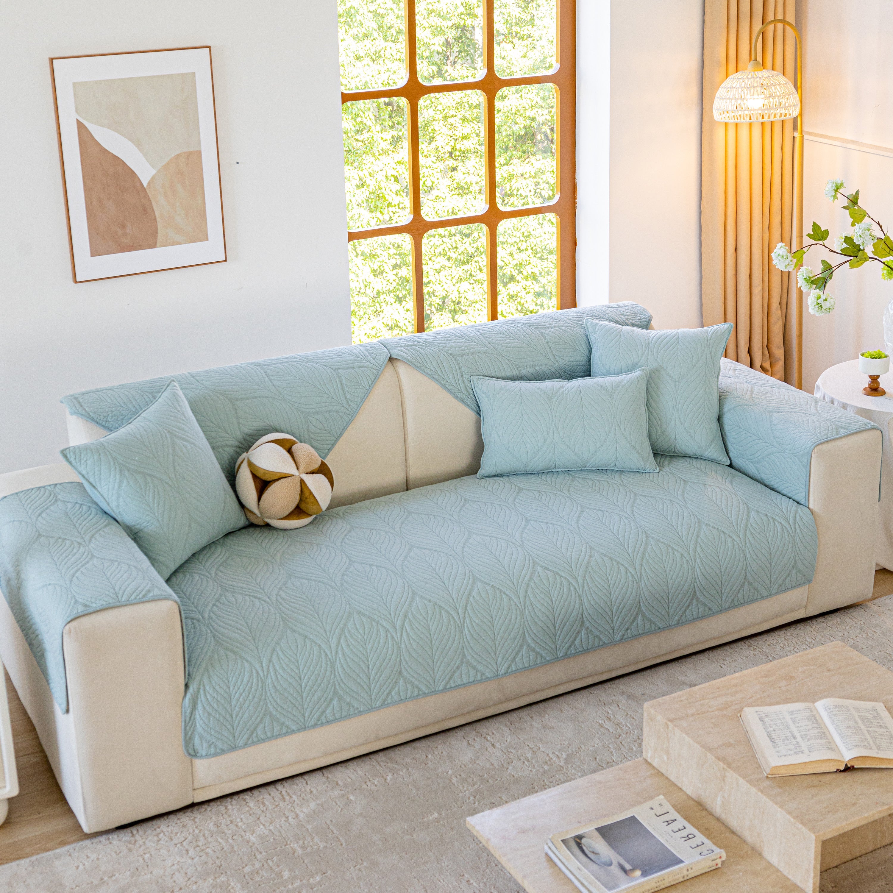 Leaf Vein Textured Cotton Quilted Sofa Slipcover, Non-slip Modular Couch Covers