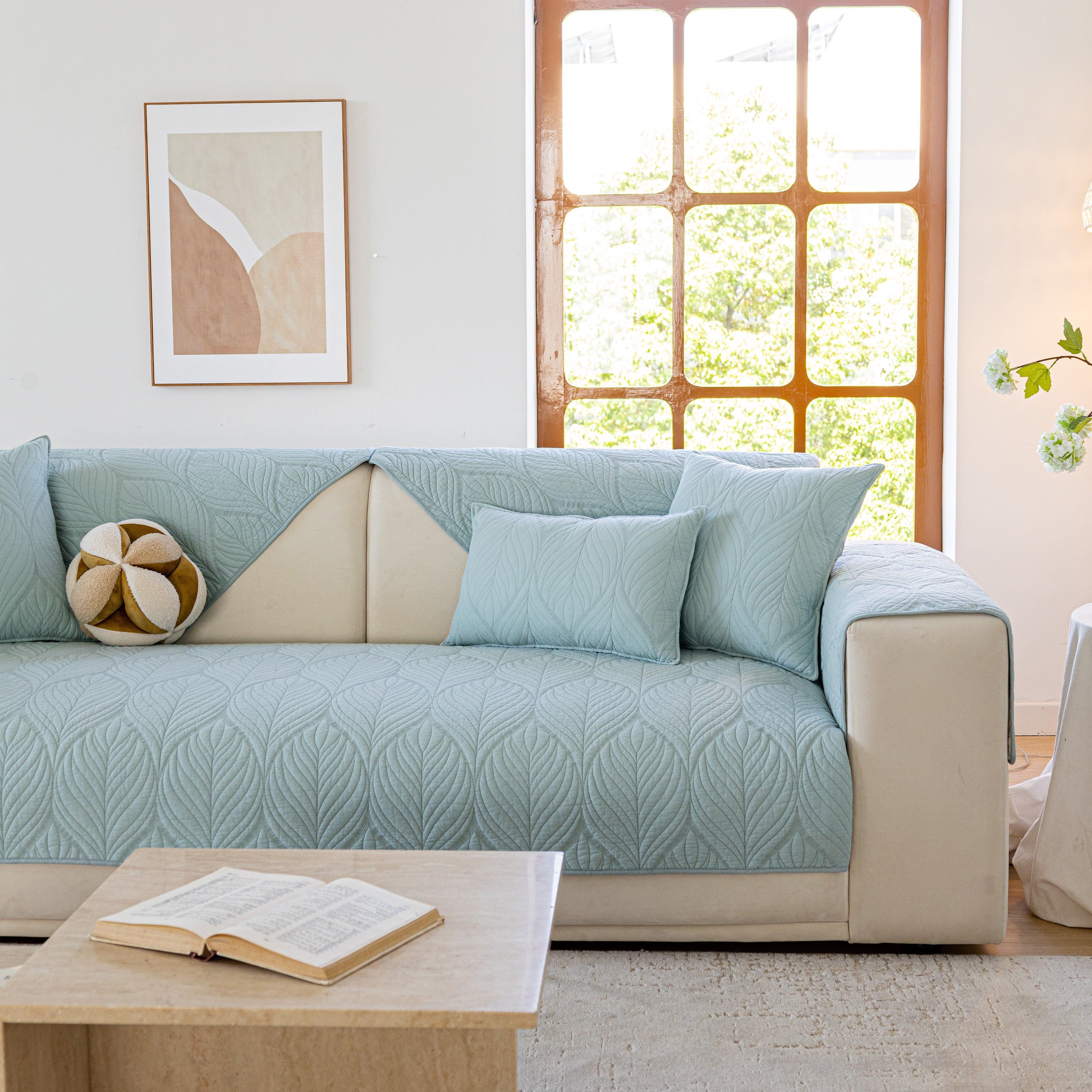 Leaf Vein Textured Cotton Quilted Sofa Slipcover, Non-slip Modular Couch Covers