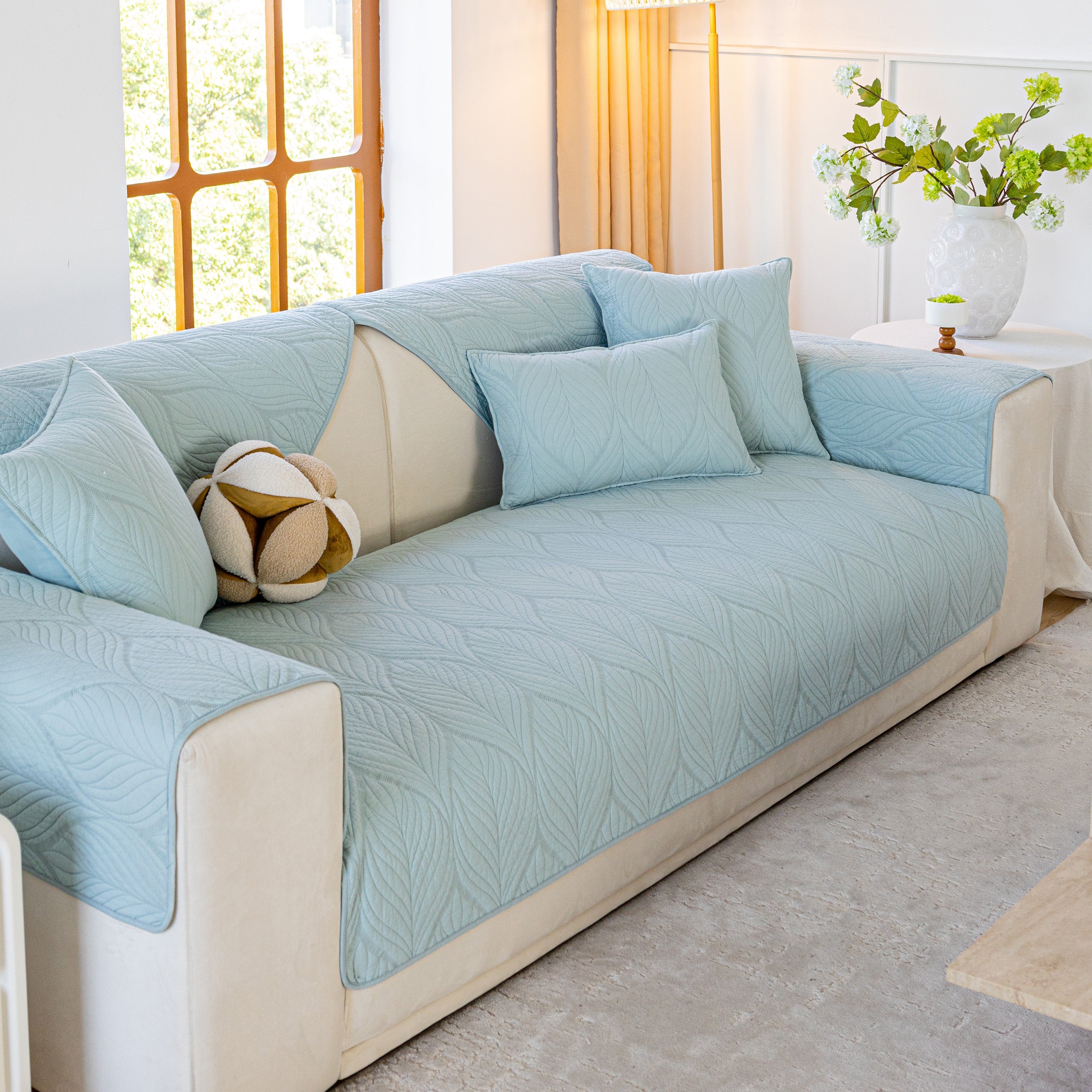Leaf Vein Textured Cotton Quilted Sofa Slipcover, Non-slip Modular Couch Covers