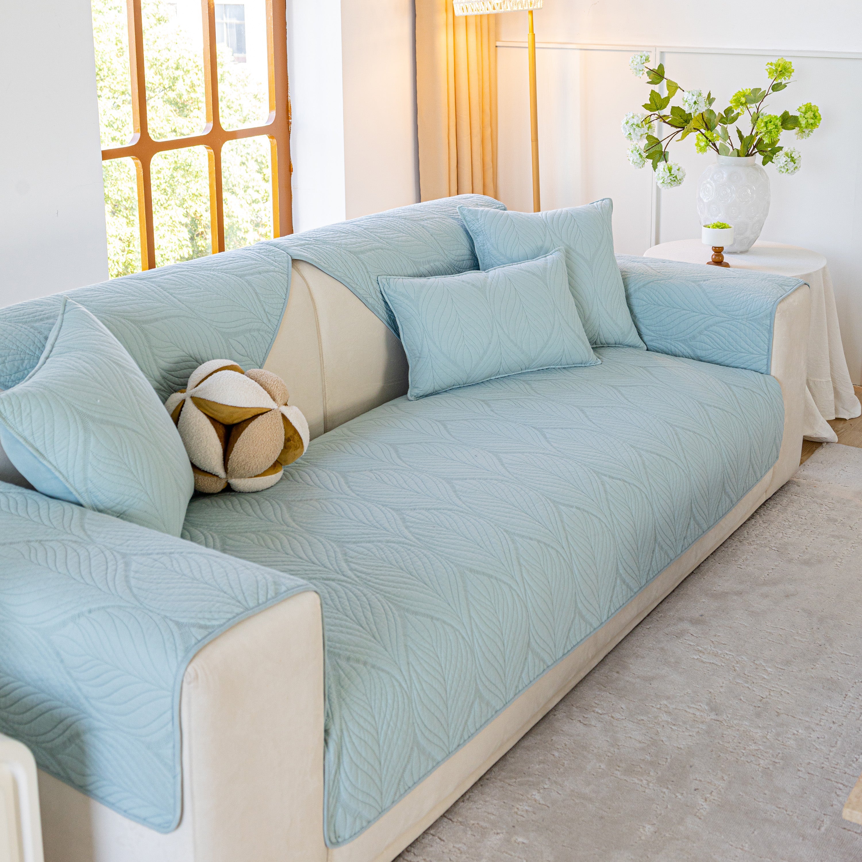 Leaf Vein Textured Cotton Quilted Sofa Slipcover, Non-slip Modular Couch Covers
