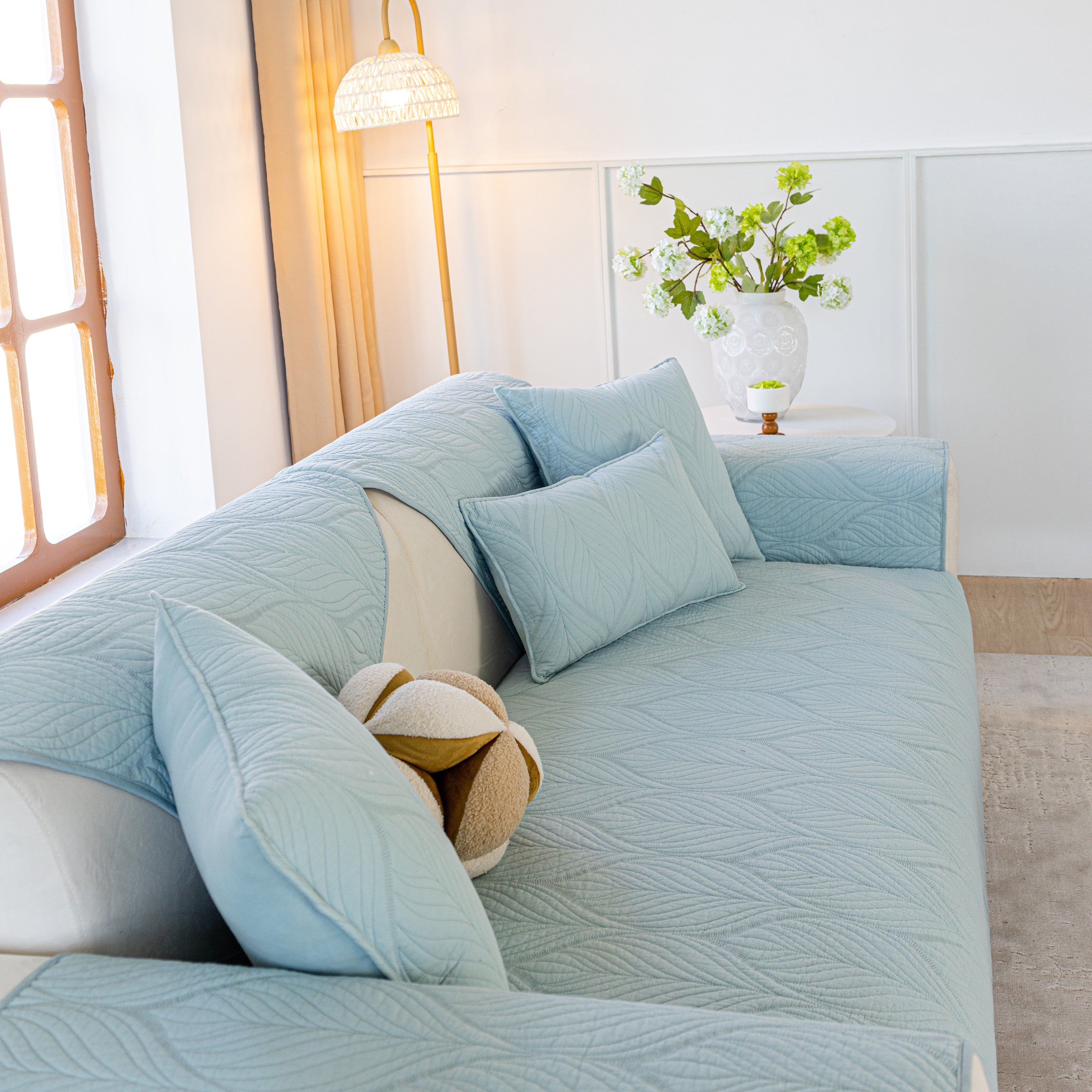Leaf Vein Textured Cotton Quilted Sofa Slipcover, Non-slip Modular Couch Covers