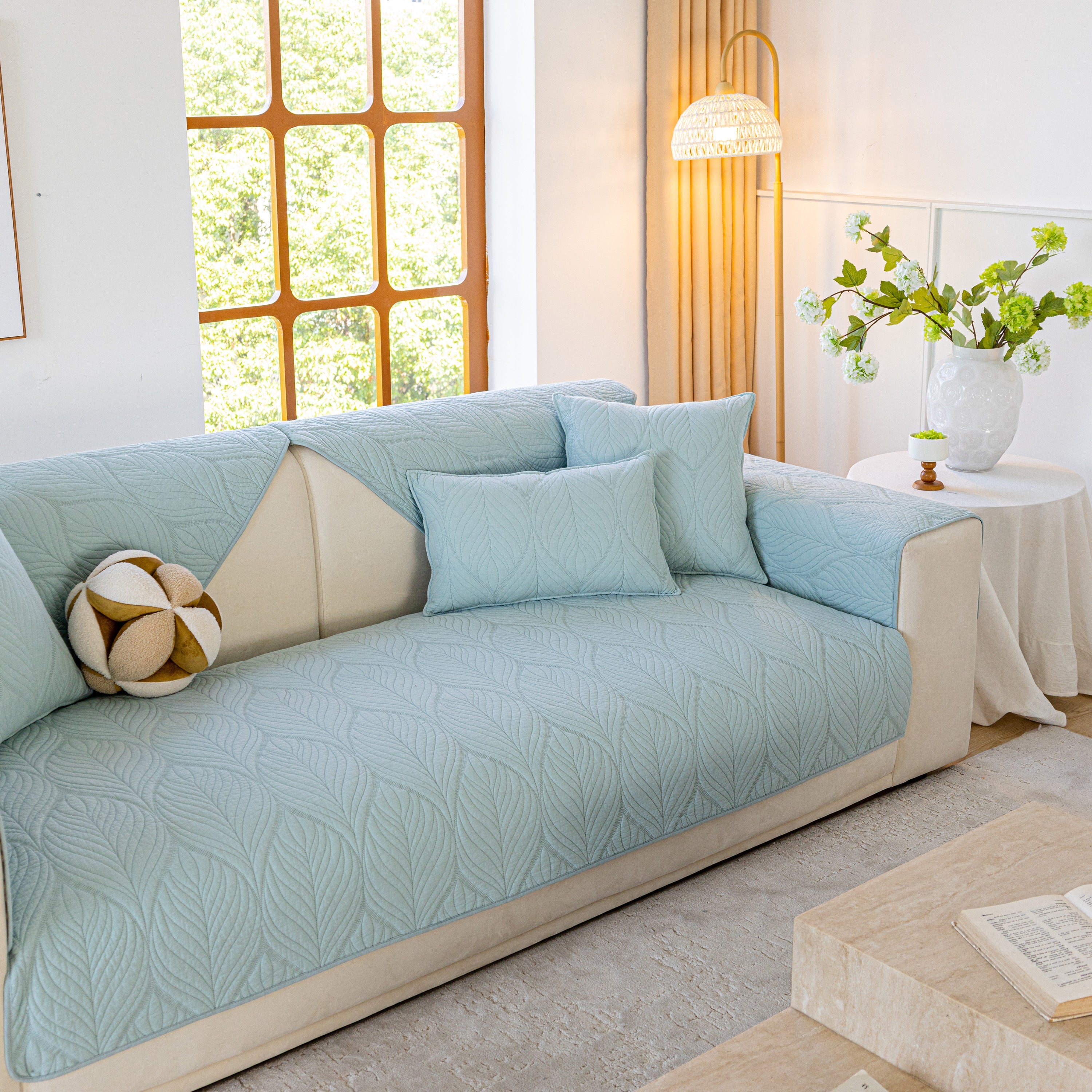Leaf Vein Textured Cotton Quilted Sofa Slipcover, Non-slip Modular Couch Covers