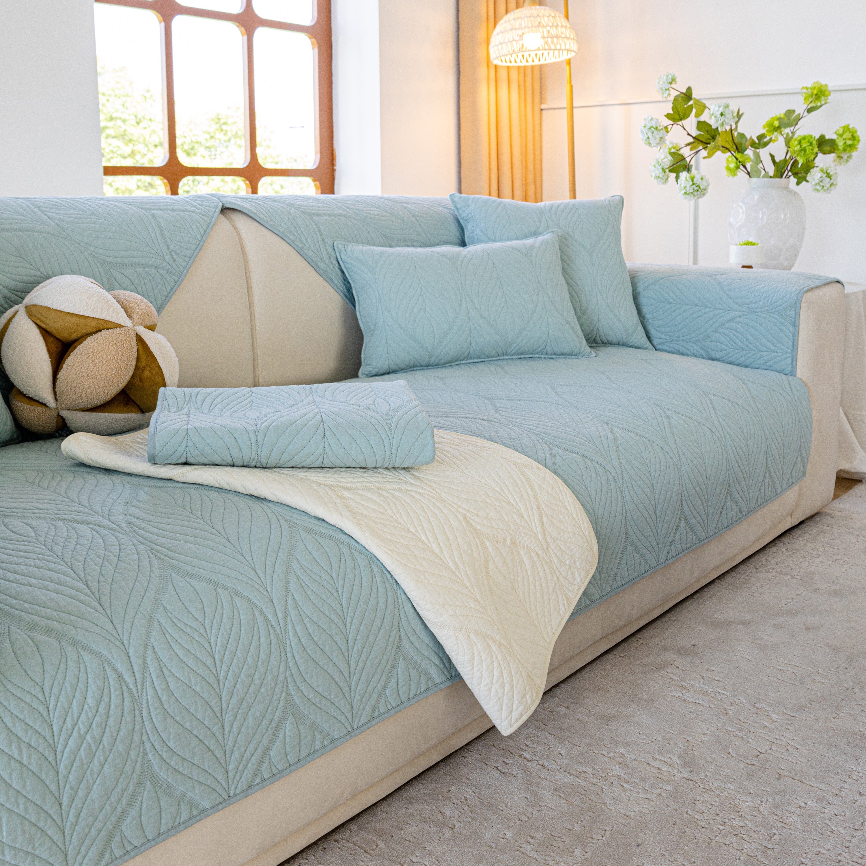 Leaf Vein Textured Cotton Quilted Sofa Slipcover, Non-slip Modular Couch Covers