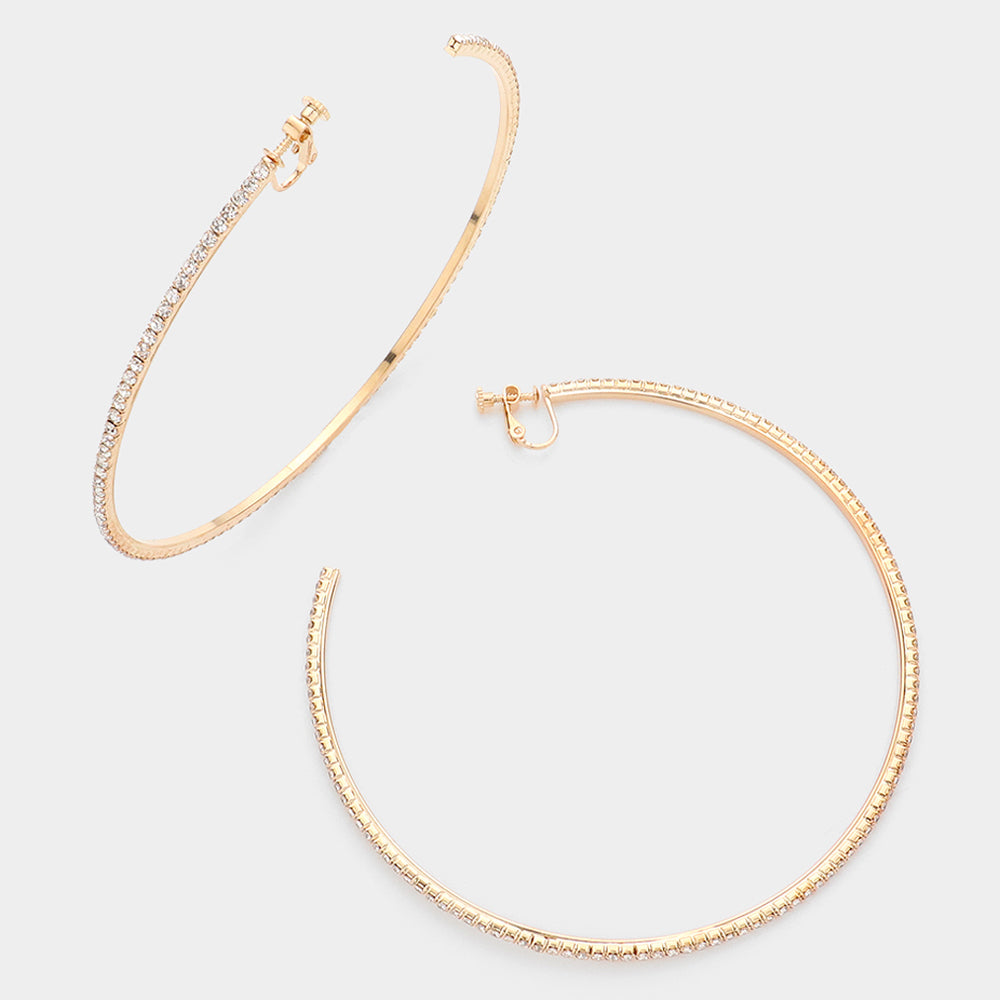 4 Inch Rhinestone Hoop Clip On Earrings