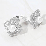 Pearl Center Rhinestone Pave Flower Clip On Earrings