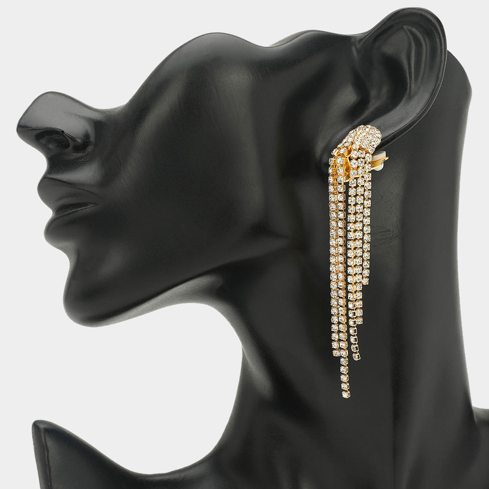 Crystal Rhinestone Long Fringe Clip On Earrings