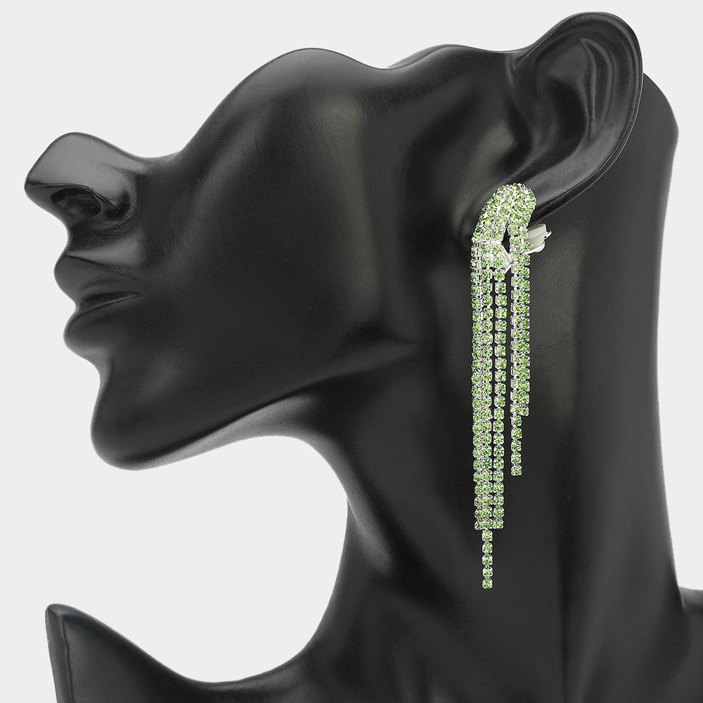 Crystal Rhinestone Long Fringe Clip On Earrings