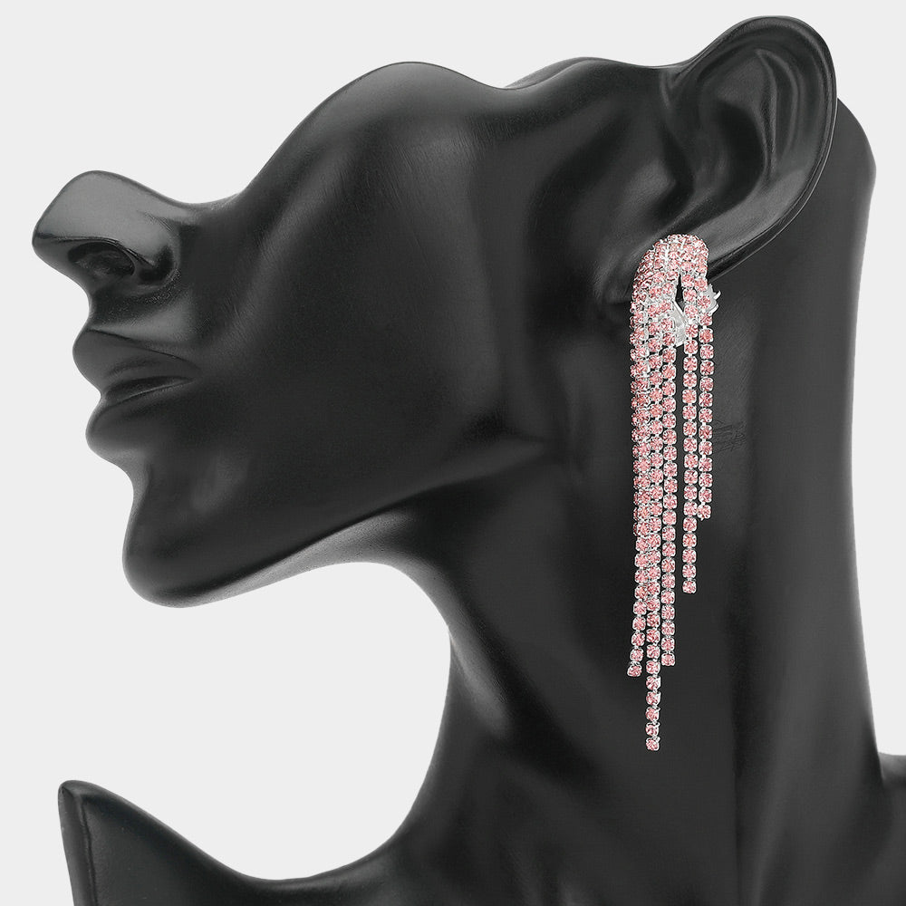 Crystal Rhinestone Long Fringe Clip On Earrings