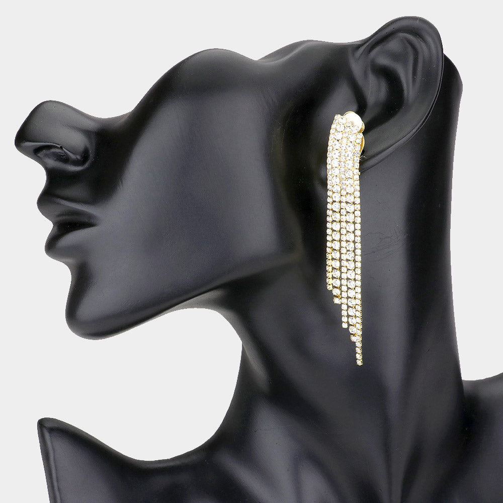 Crystal Rhinestone Pave Fringe Clip On Evening Earrings