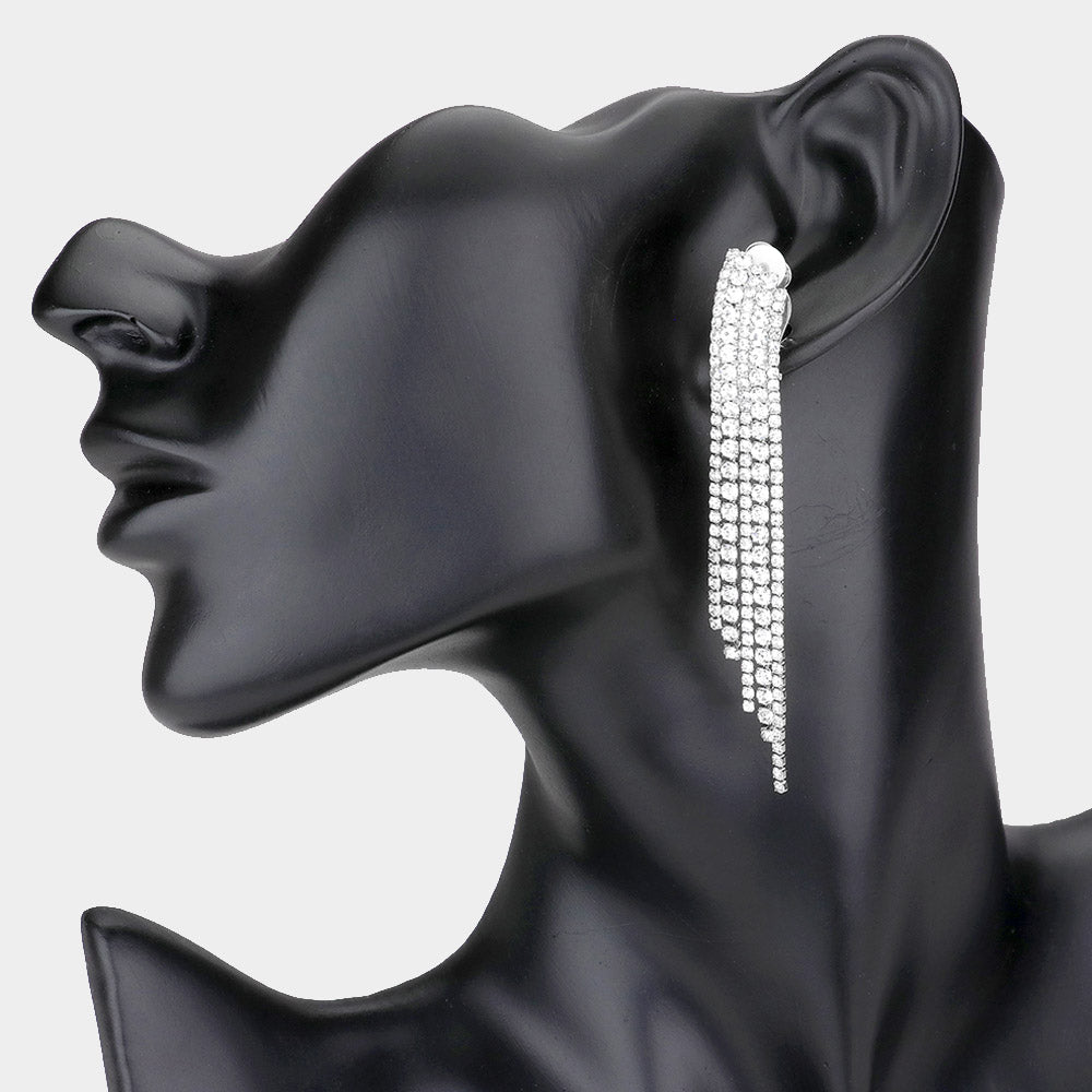 Crystal Rhinestone Pave Fringe Clip On Evening Earrings