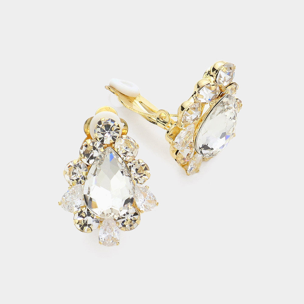 Teardrop Centered Bubble Stone Trimmed Clip On Earrings