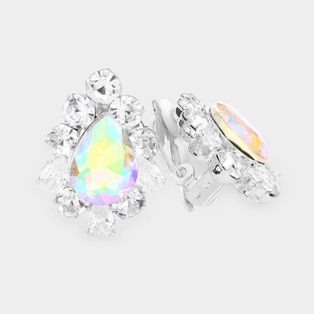 Teardrop Centered Bubble Stone Trimmed Clip On Earrings
