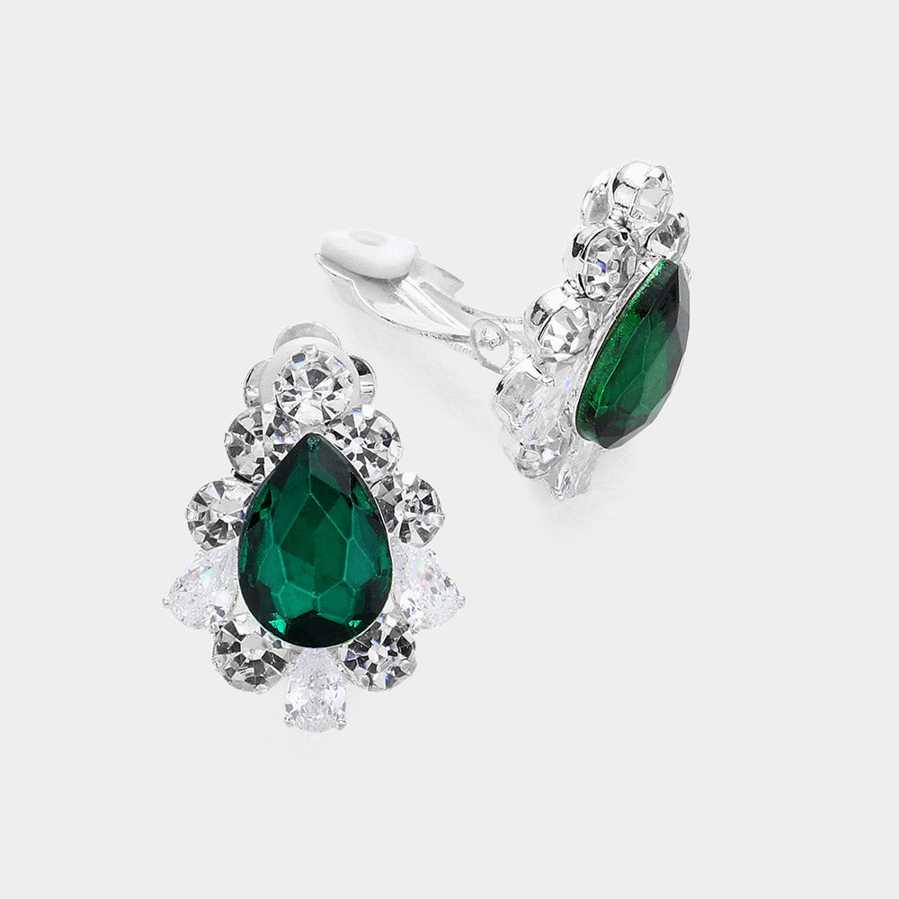 Teardrop Centered Bubble Stone Trimmed Clip On Earrings