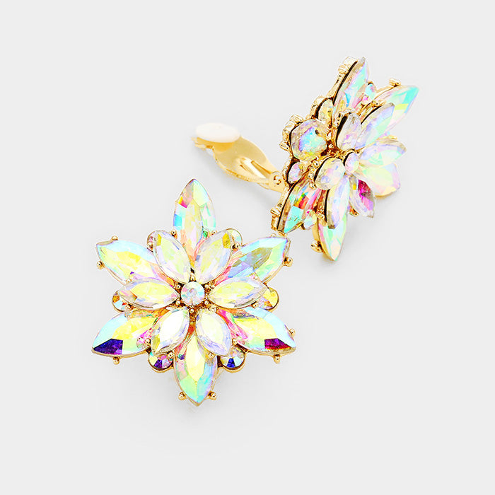 Crystal Flower Clip On Evening Earrings