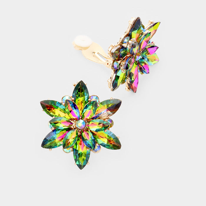 Crystal Flower Clip On Evening Earrings