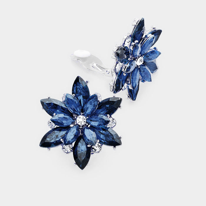 Crystal Flower Clip On Evening Earrings