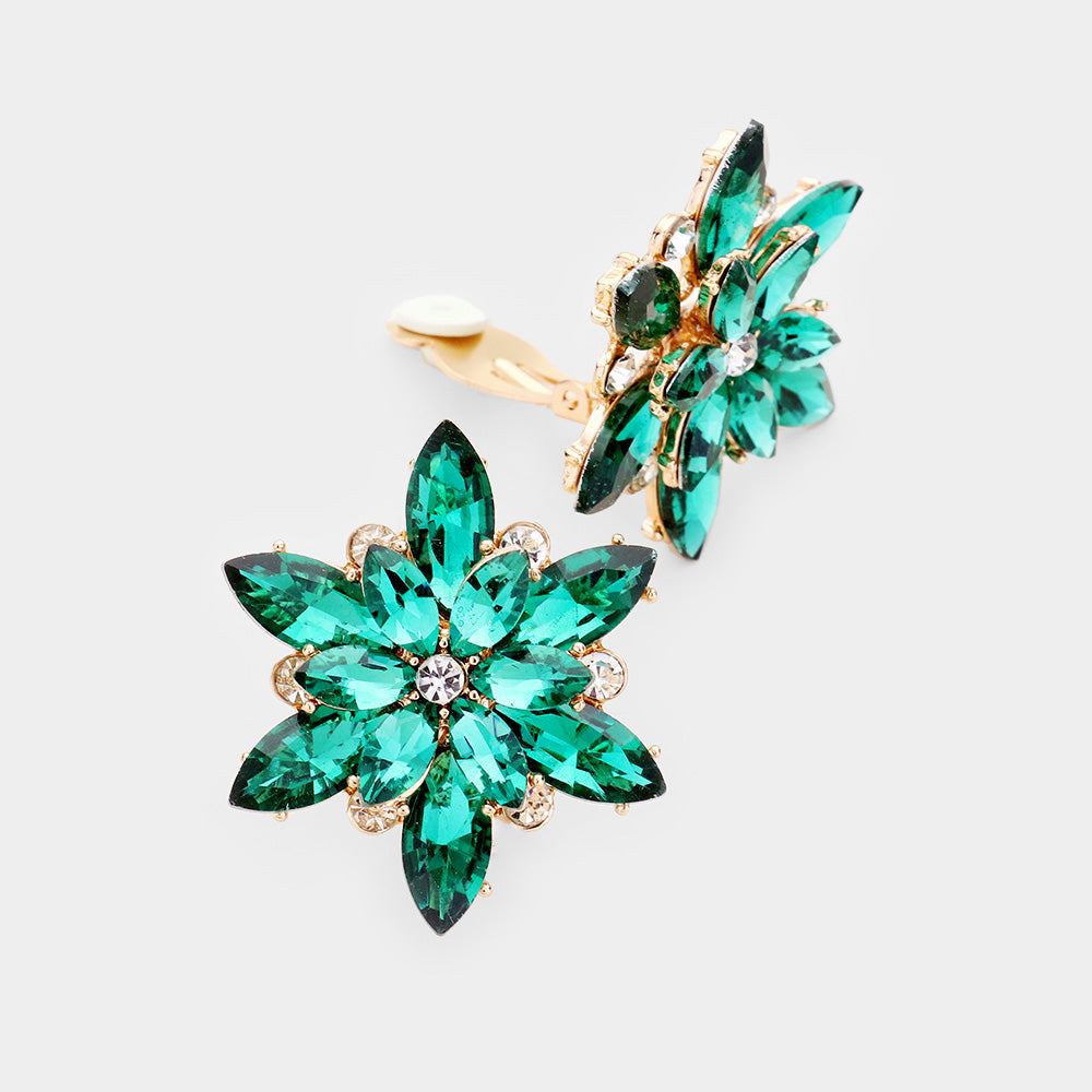 Crystal Flower Clip On Evening Earrings