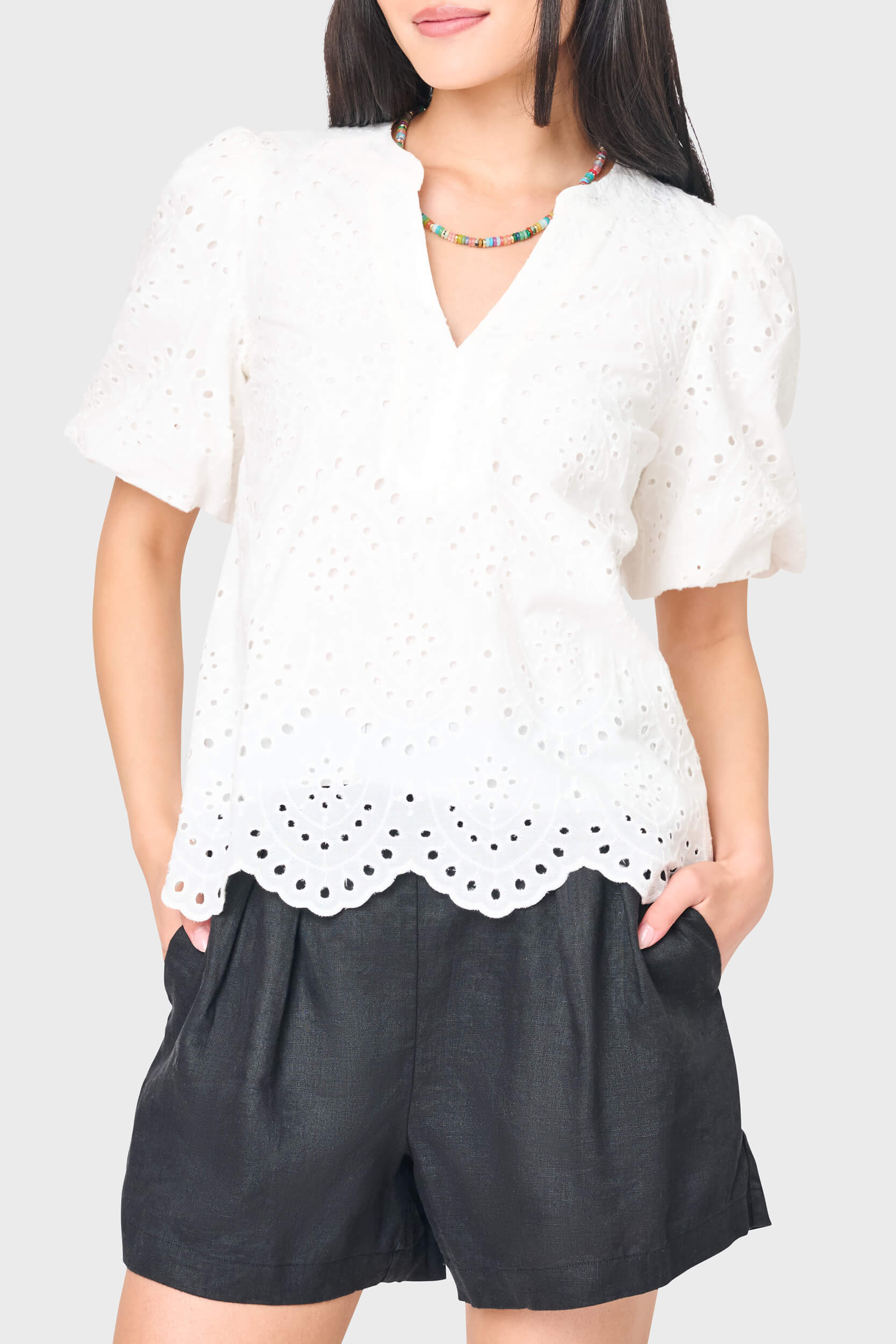 Bubble Sleeve Split Neck Eyelet Top