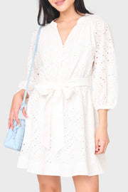 3/4 Blouson Sleeve Flare Eyelet Day Dress