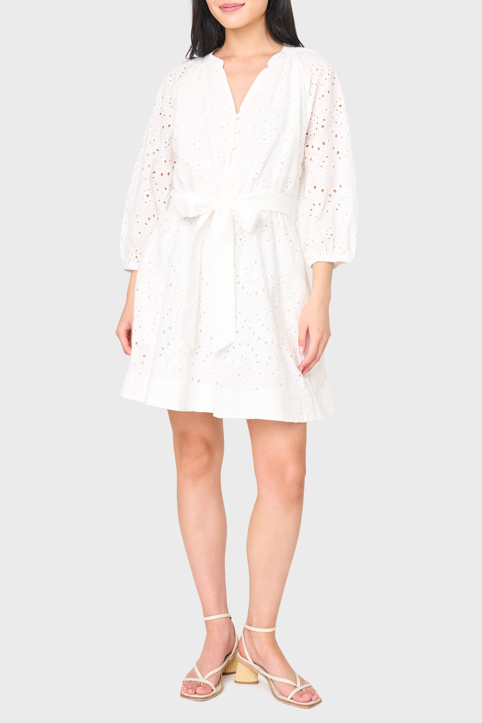 3/4 Blouson Sleeve Flare Eyelet Day Dress