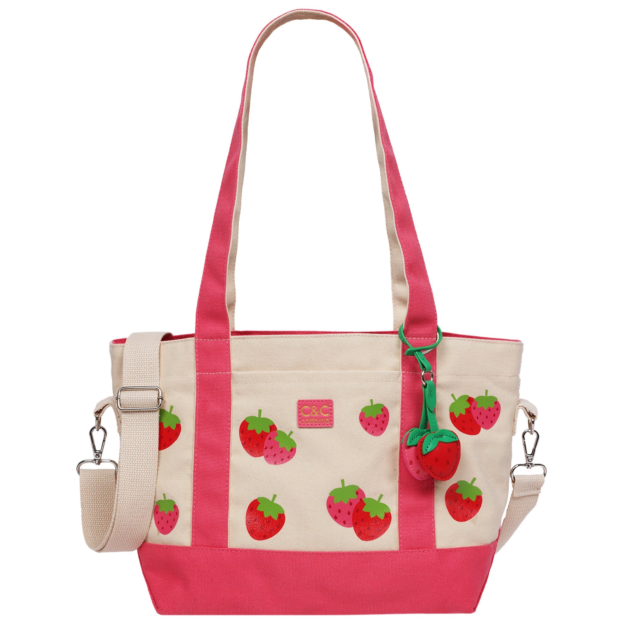 C & C California Strawberry Print Cotton Canvas Tote With Removable Crossbody Strap