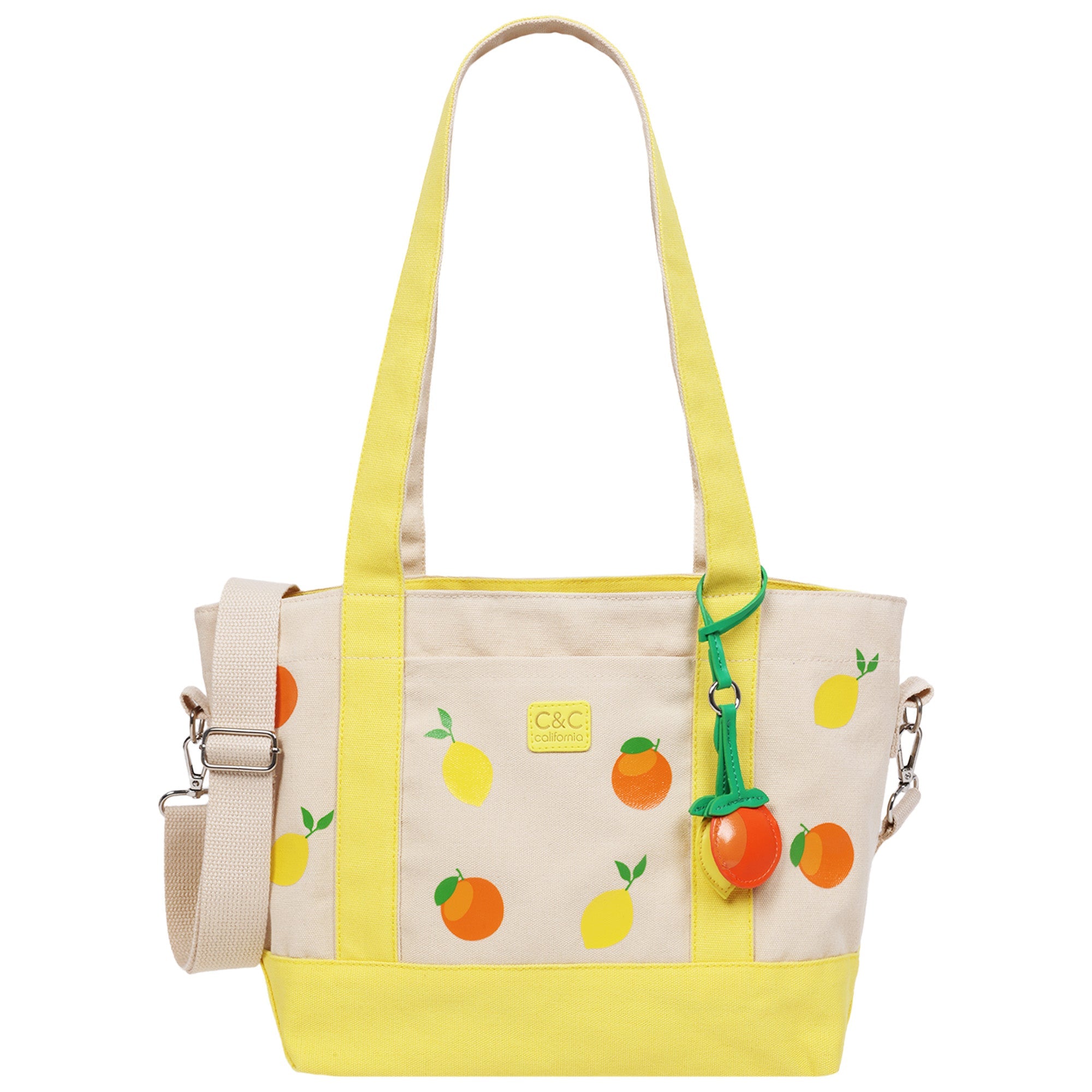 C & C California Citrus Fruit Print Cotton Canvas Tote With Contrast Trim & Pu Charm