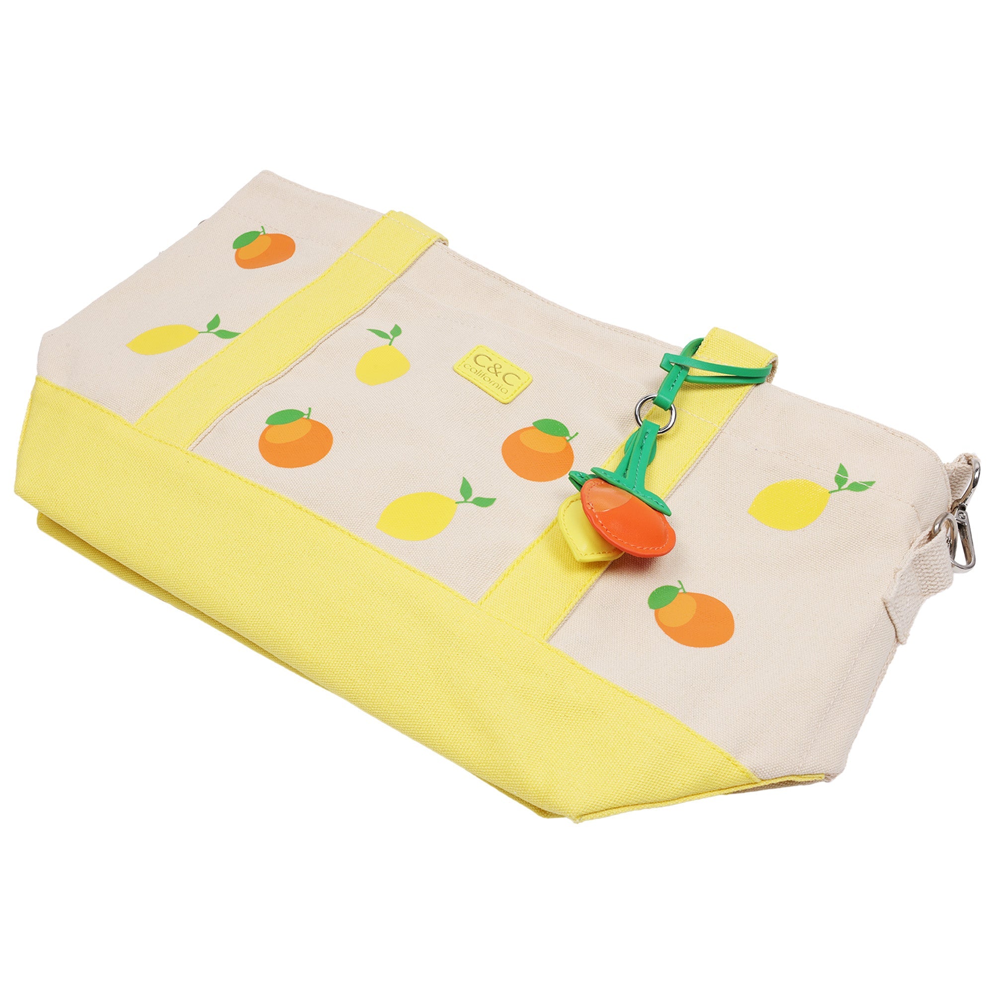 C & C California Citrus Fruit Print Cotton Canvas Tote With Contrast Trim & Pu Charm