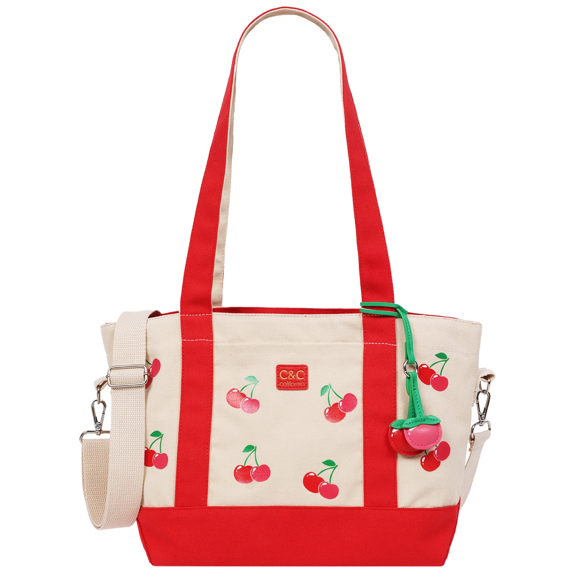 C & C California Cherry Print Cotton Canvas Tote With Contrast Trim & Pu Charm