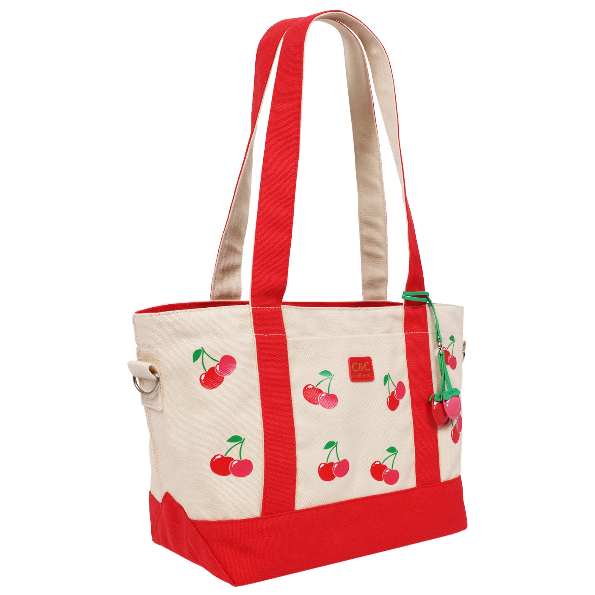 C & C California Cherry Print Cotton Canvas Tote With Contrast Trim & Pu Charm