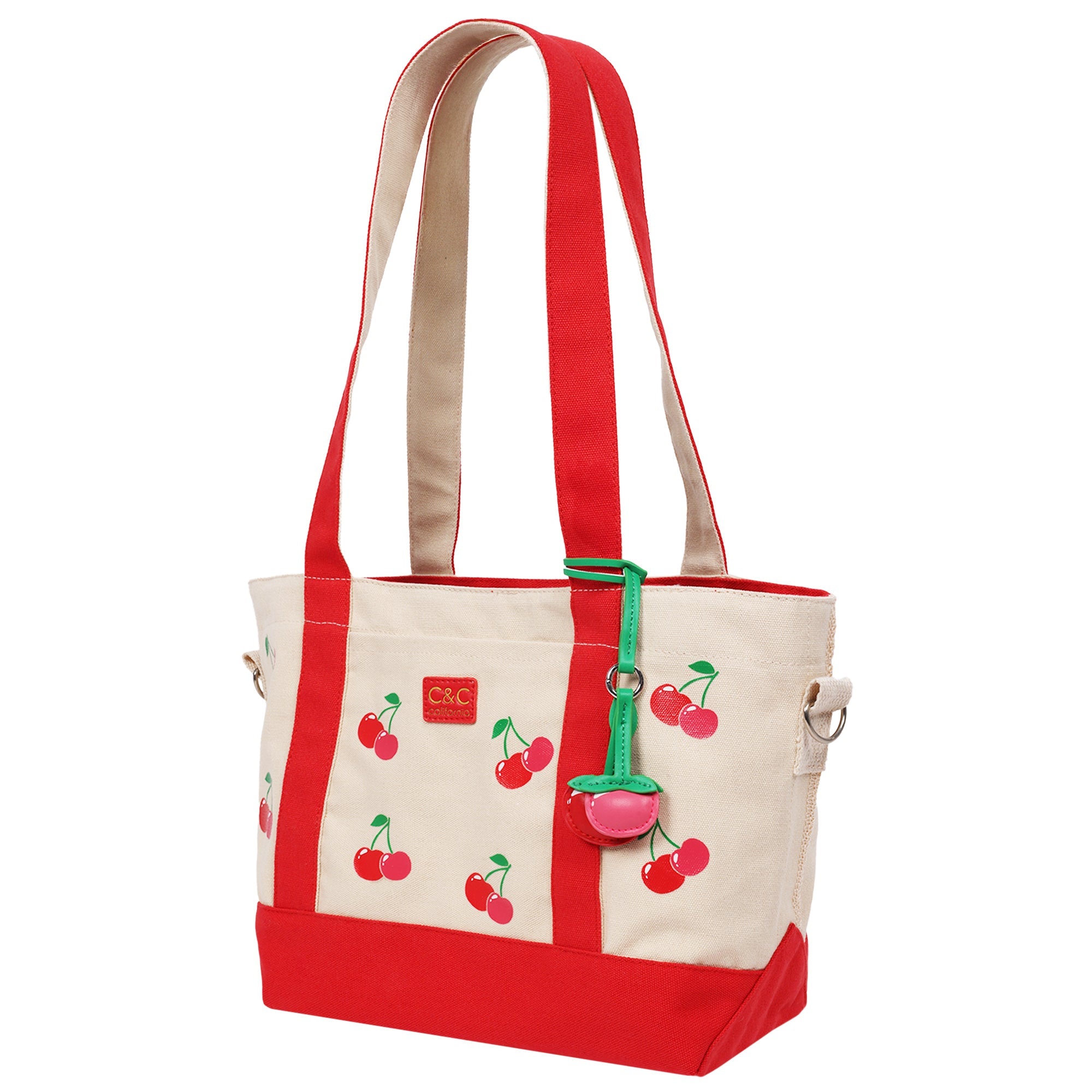 C & C California Cherry Print Cotton Canvas Tote With Contrast Trim & Pu Charm