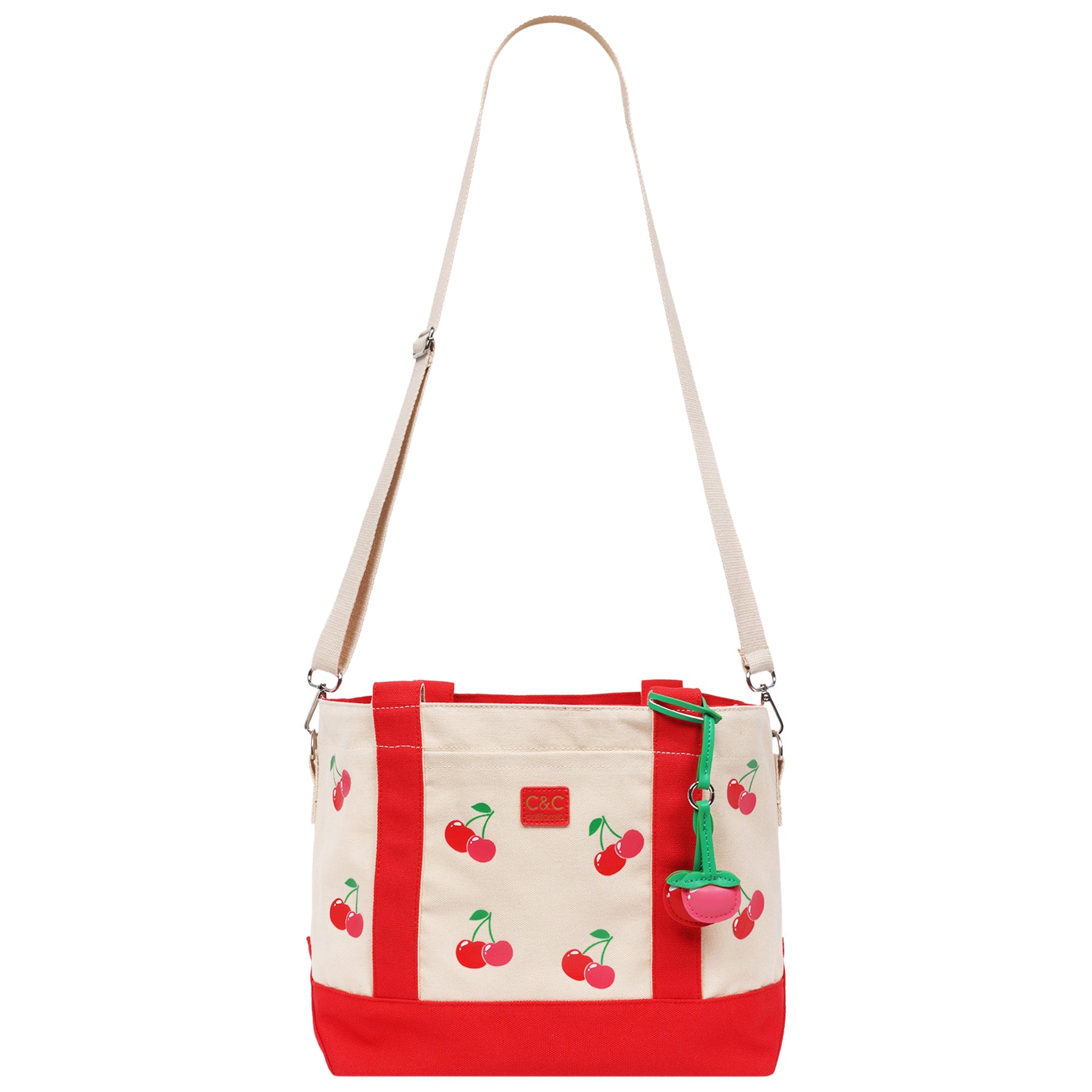 C & C California Cherry Print Cotton Canvas Tote With Contrast Trim & Pu Charm