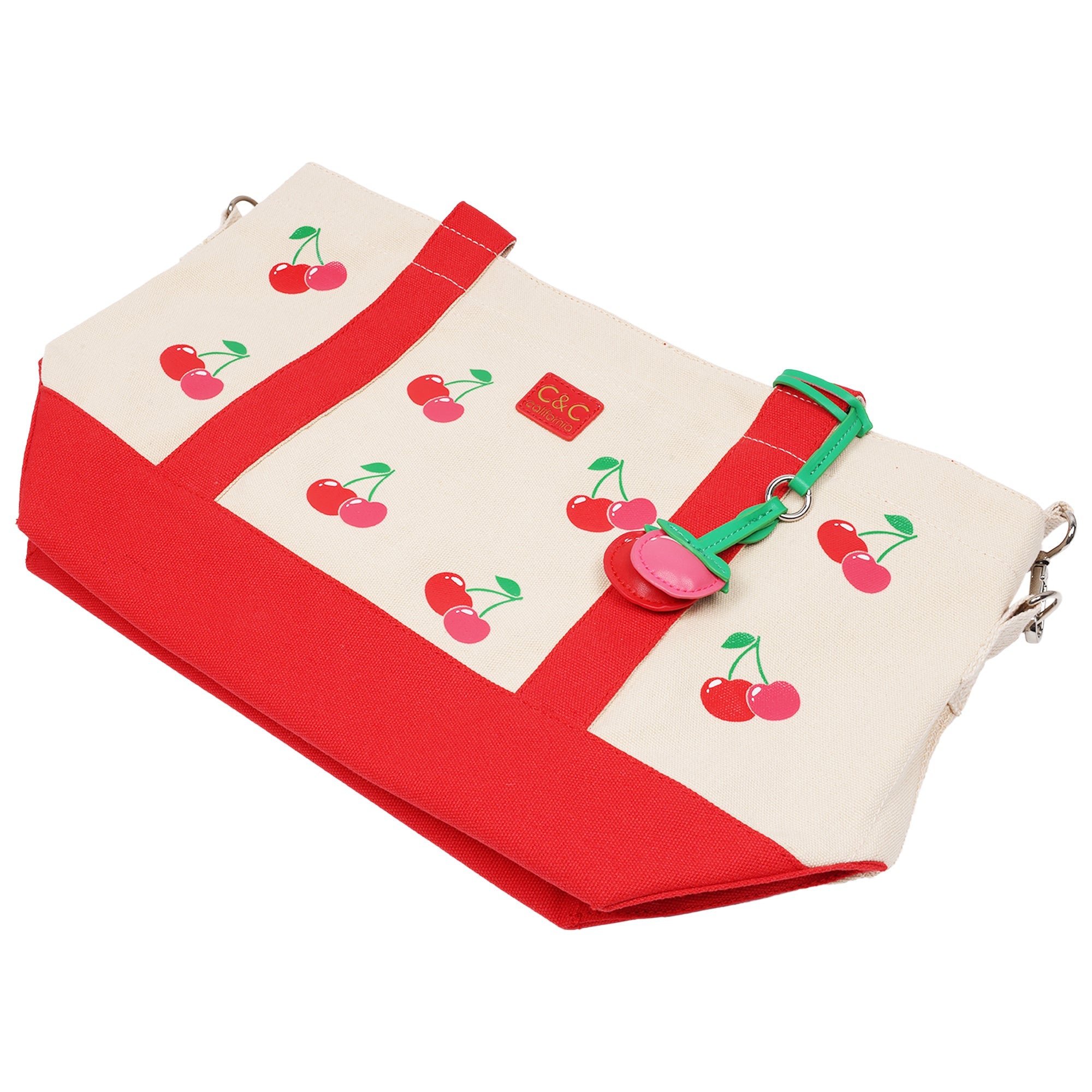 C & C California Cherry Print Cotton Canvas Tote With Contrast Trim & Pu Charm