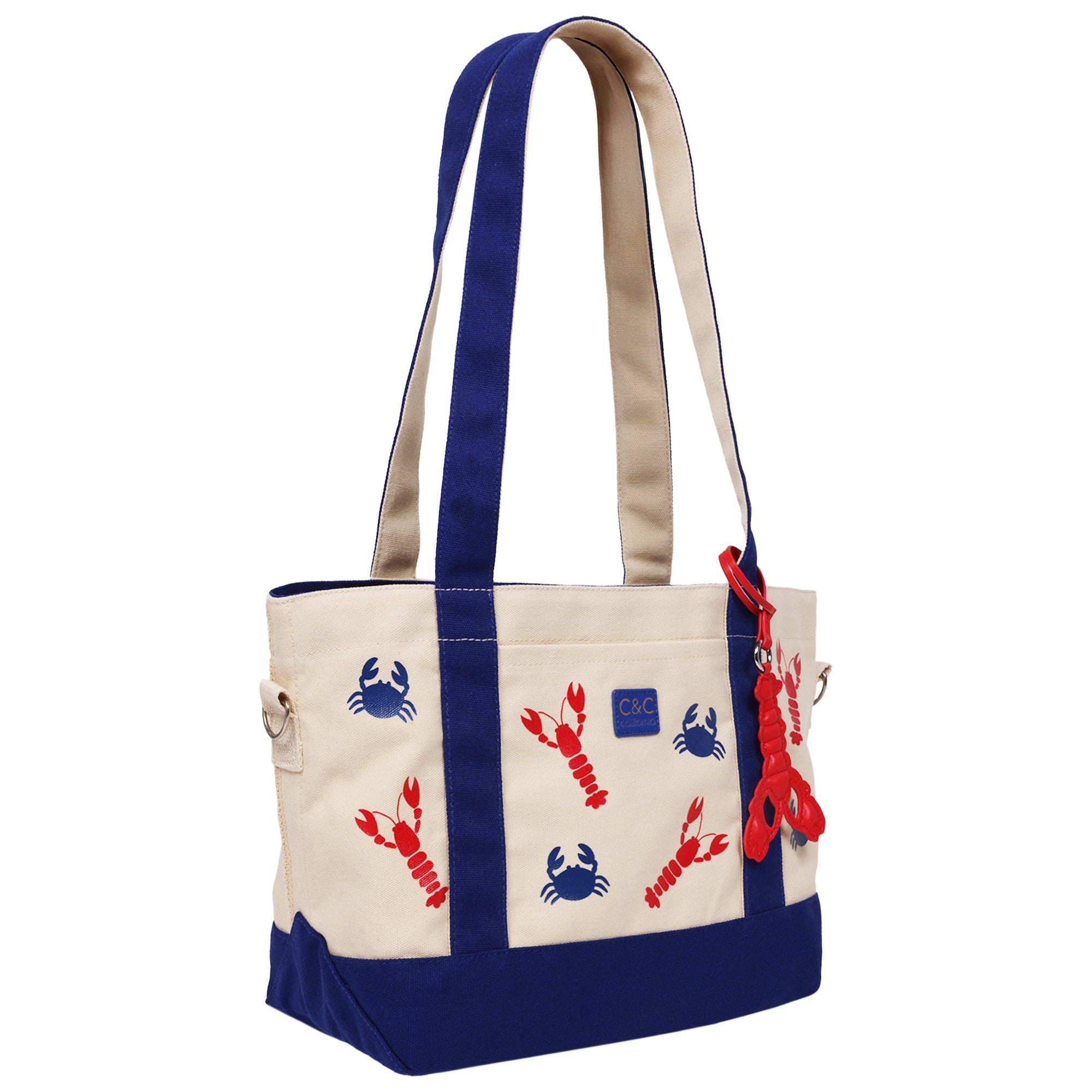C & C California Lobster & Crab Print Cotton Canvas Tote With Contrast Trim & Pu Charm