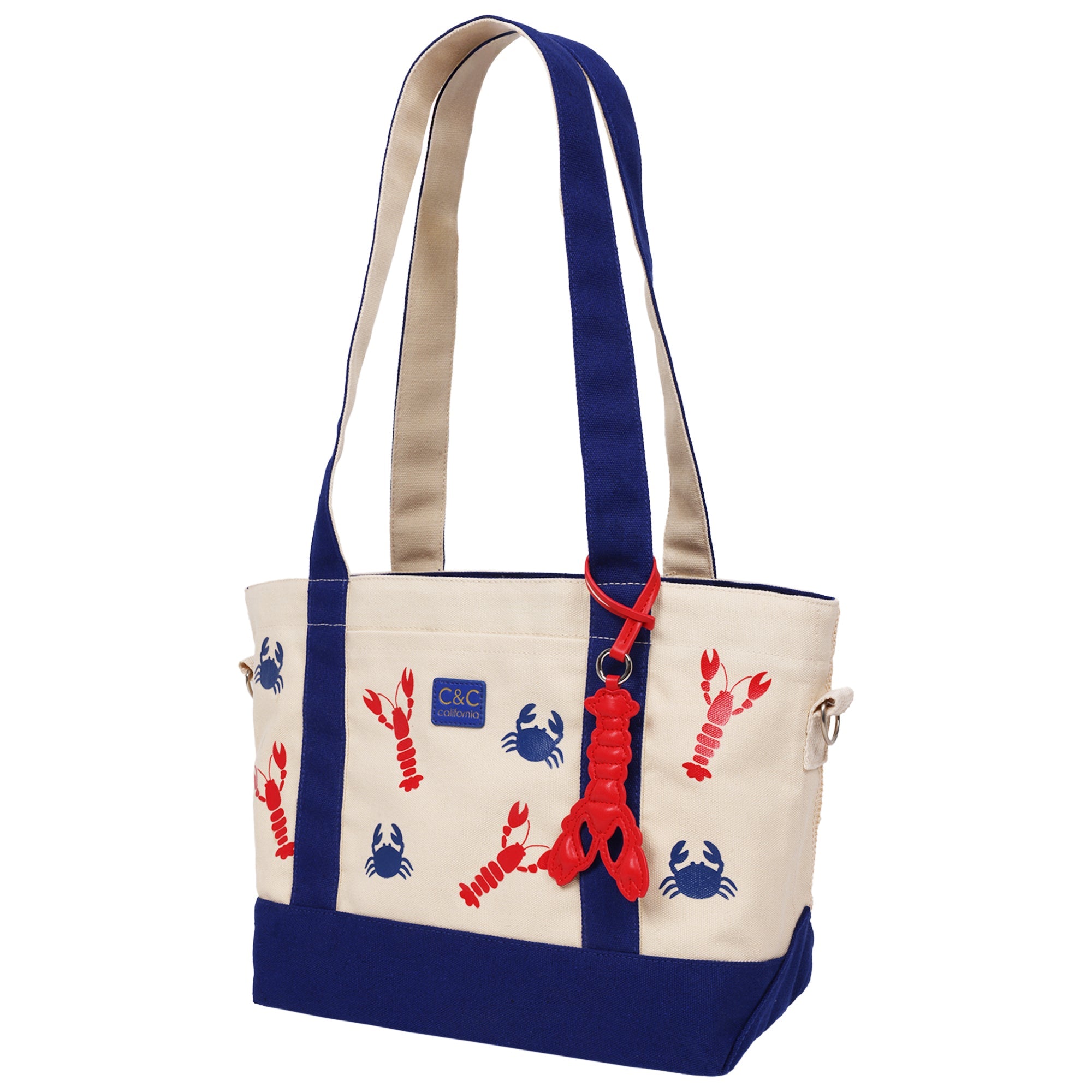 C & C California Lobster & Crab Print Cotton Canvas Tote With Contrast Trim & Pu Charm