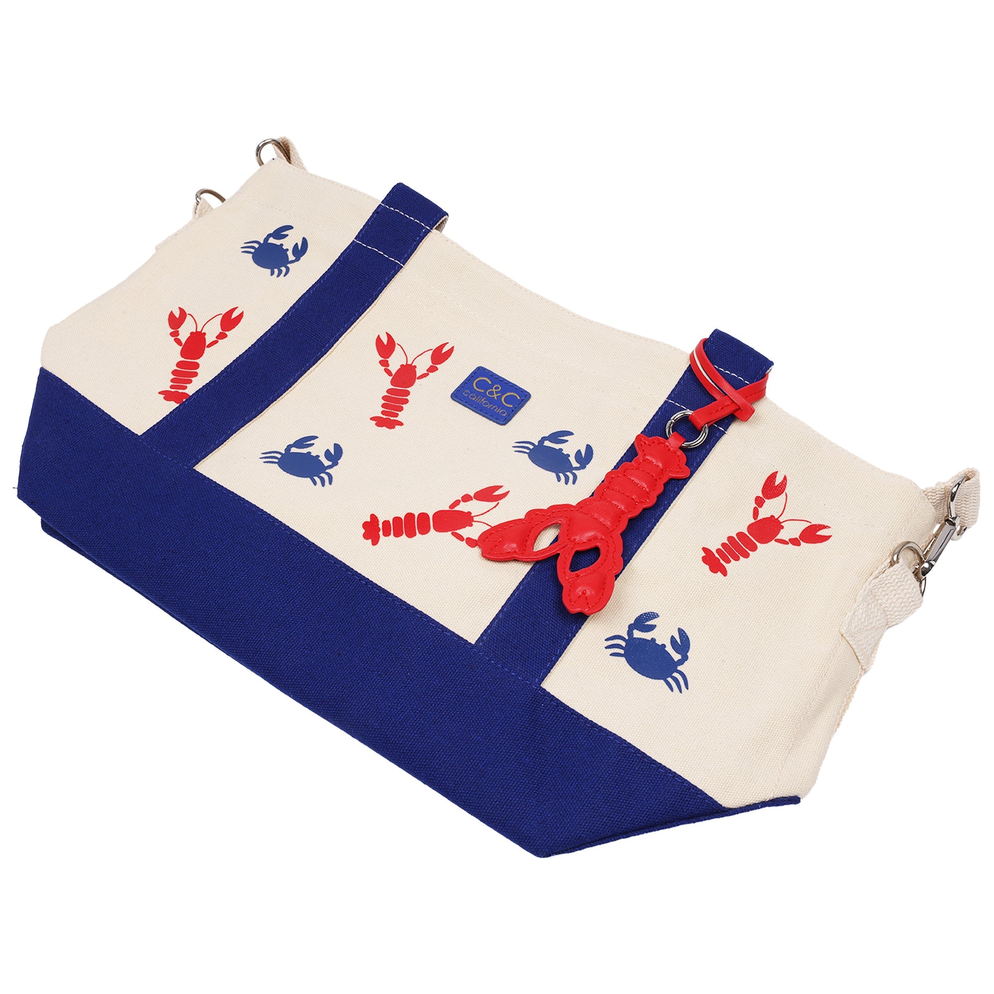 C & C California Lobster & Crab Print Cotton Canvas Tote With Contrast Trim & Pu Charm