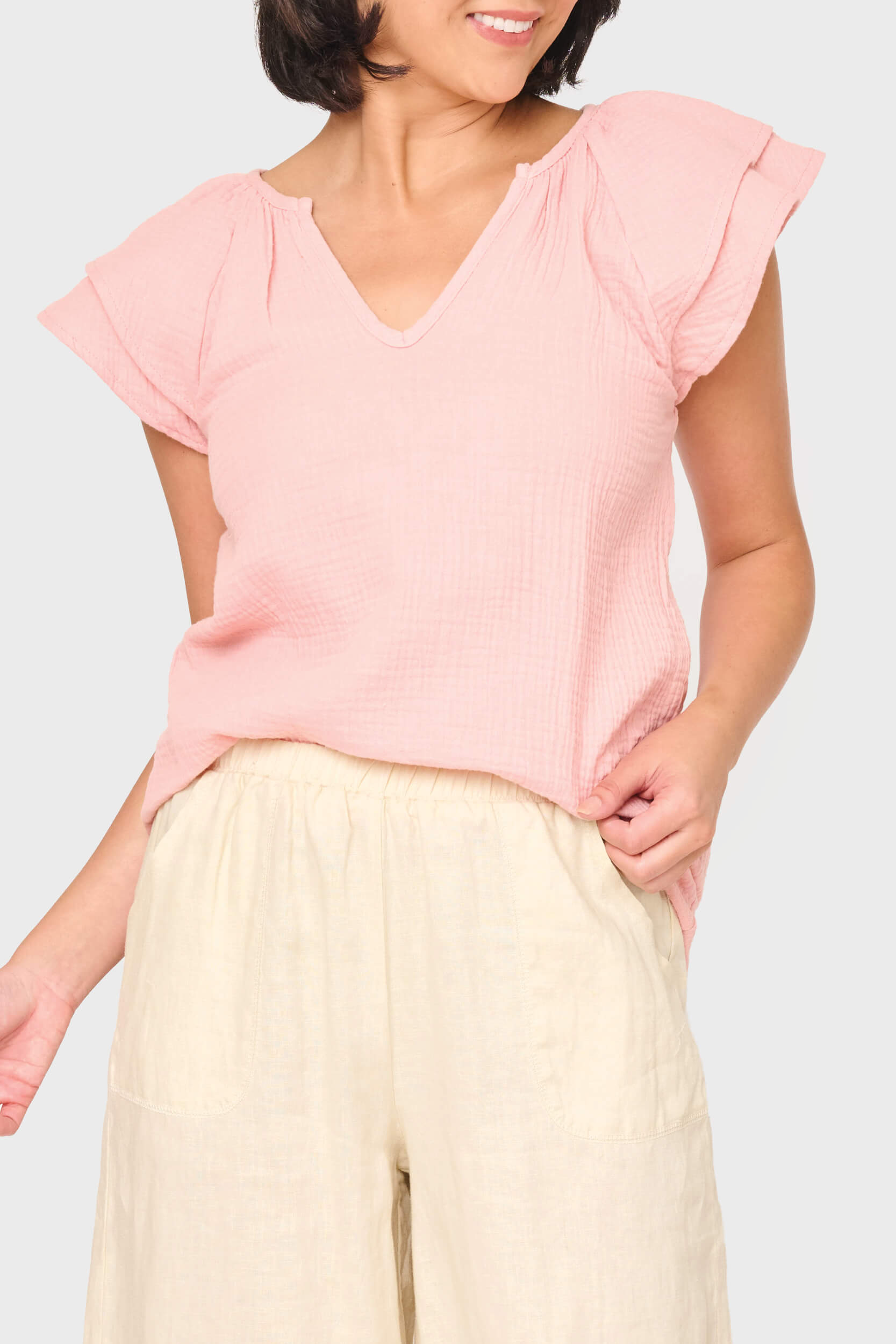 Seaside Flutter Sleeve V-neck Gauze Top