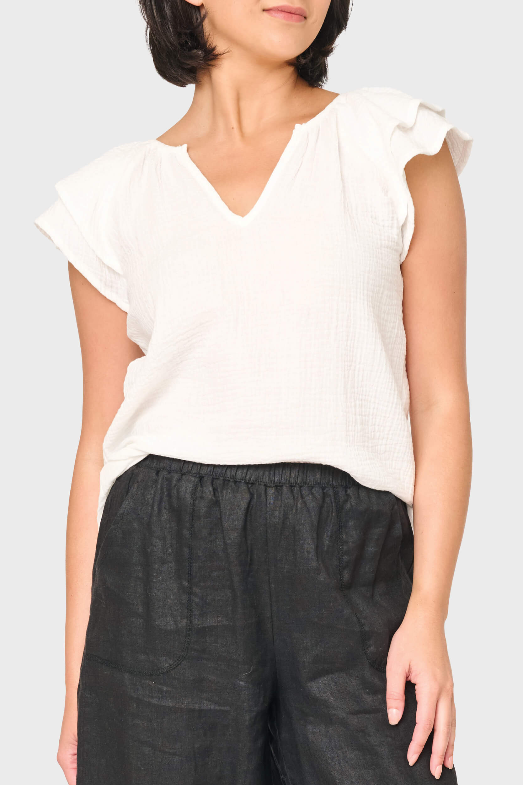 Seaside Flutter Sleeve V-neck Gauze Top