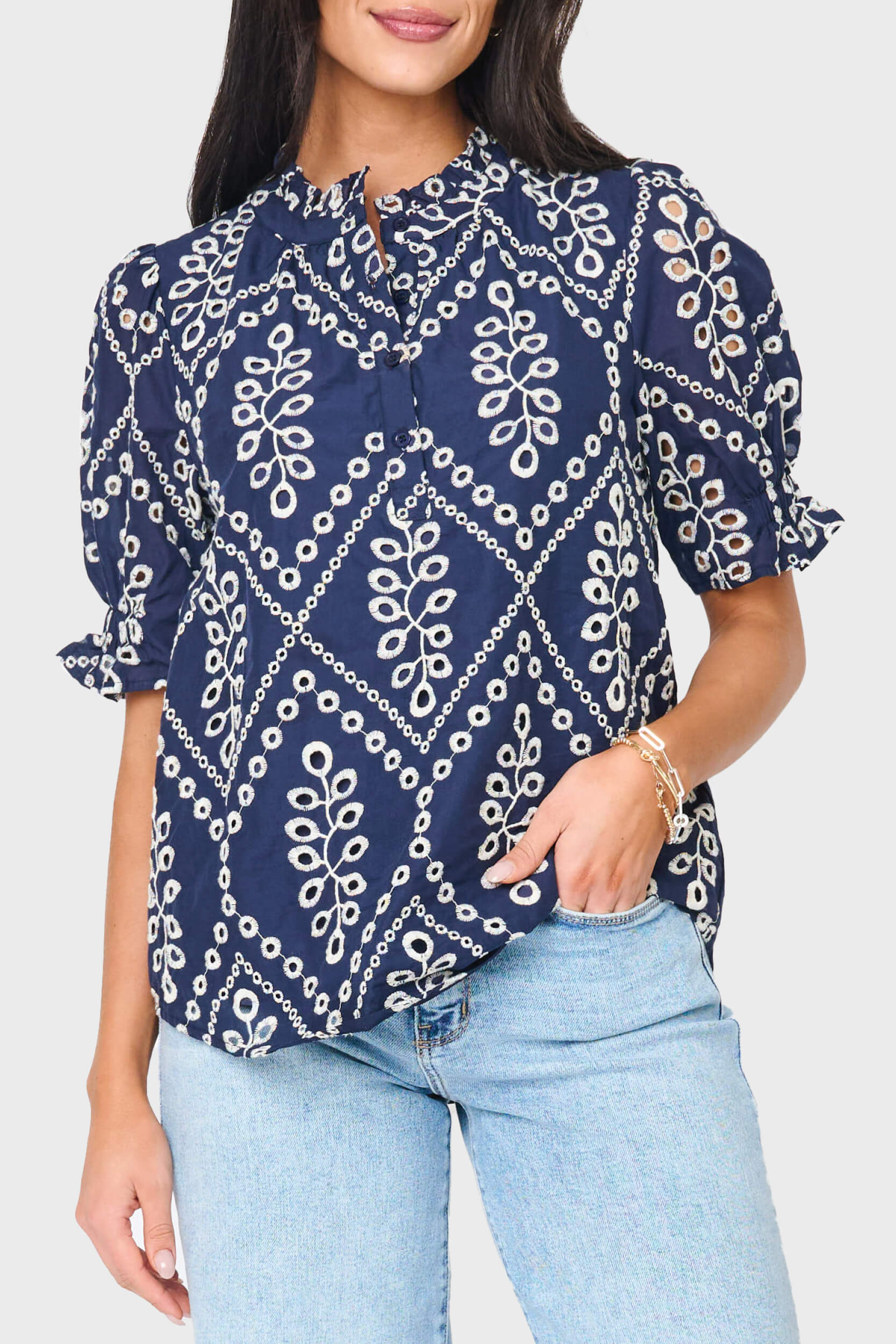 Dianthus Henley Puff Sleeve Eyelet Blouse