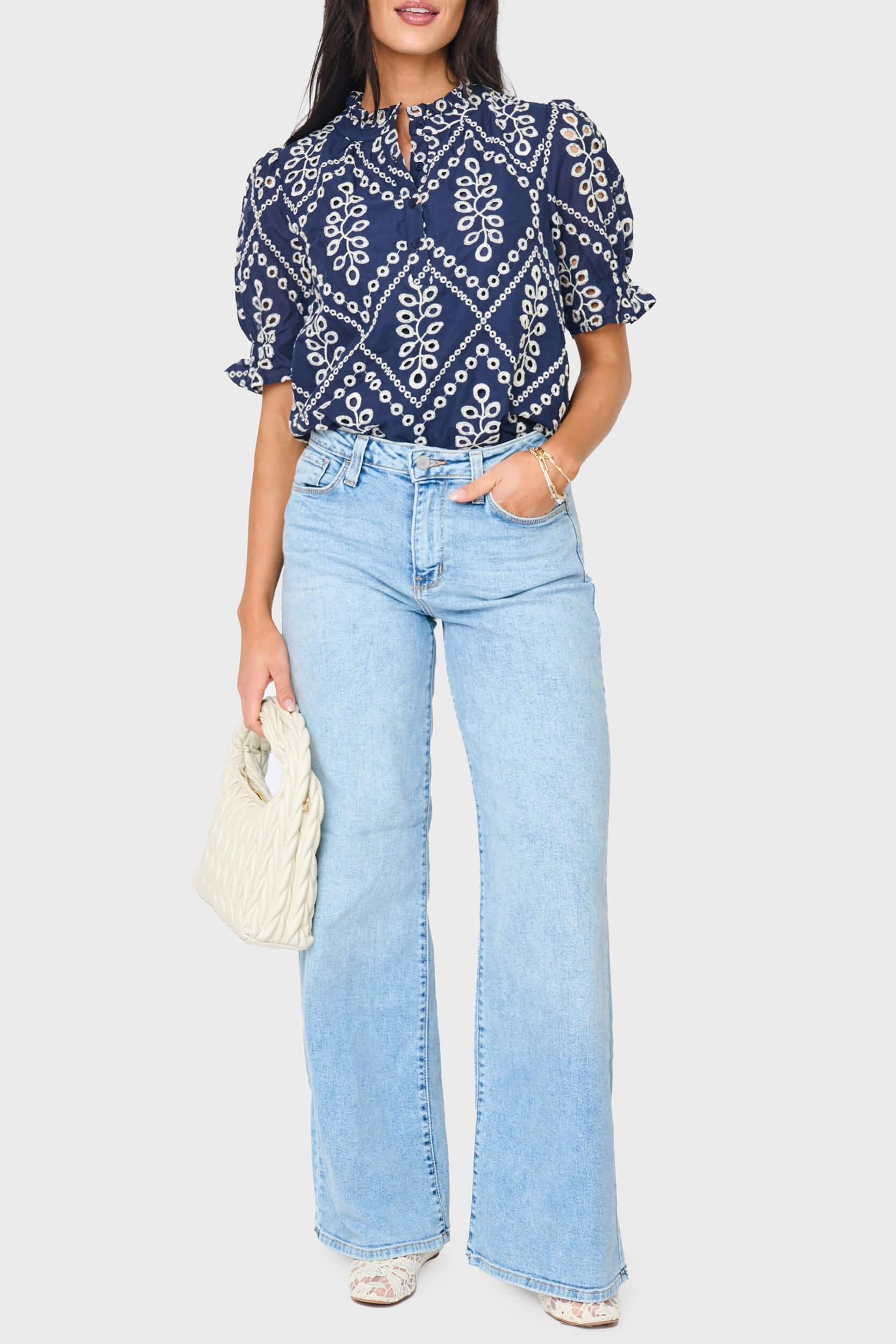 Dianthus Henley Puff Sleeve Eyelet Blouse