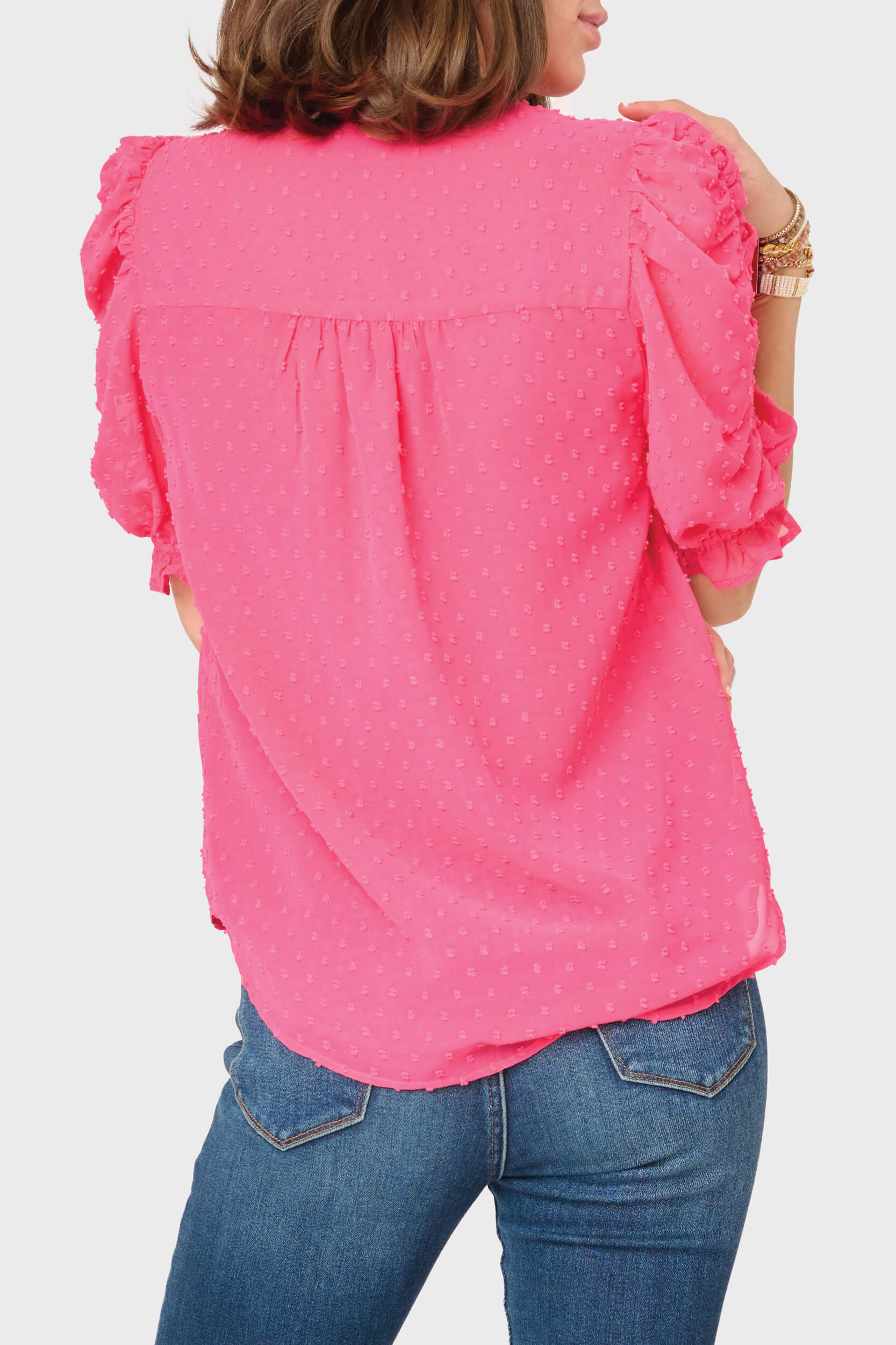 Rouched Sleeve Swiss Dot V-neck Blouse