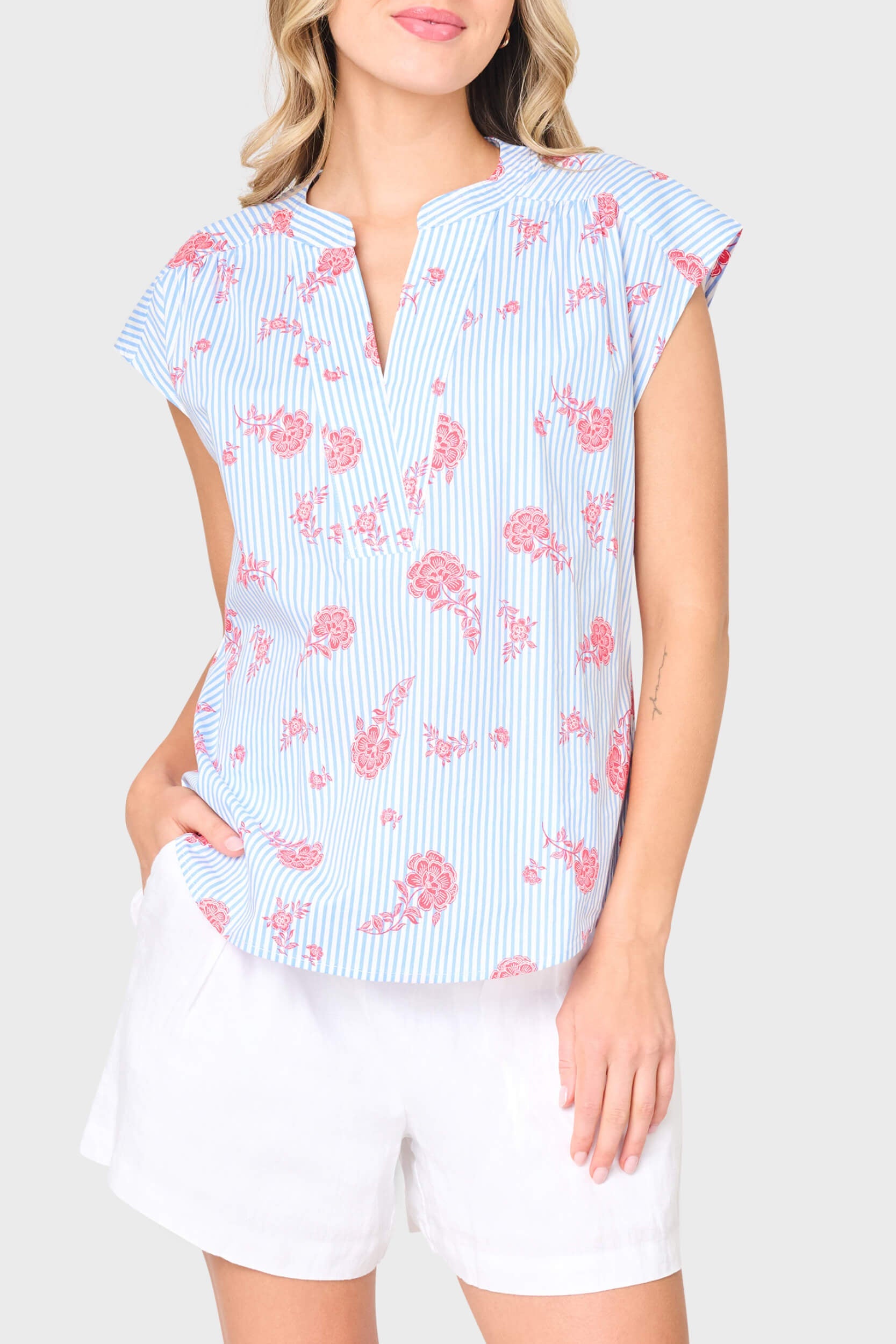 Cap Sleeve Notch Neck Blouse
