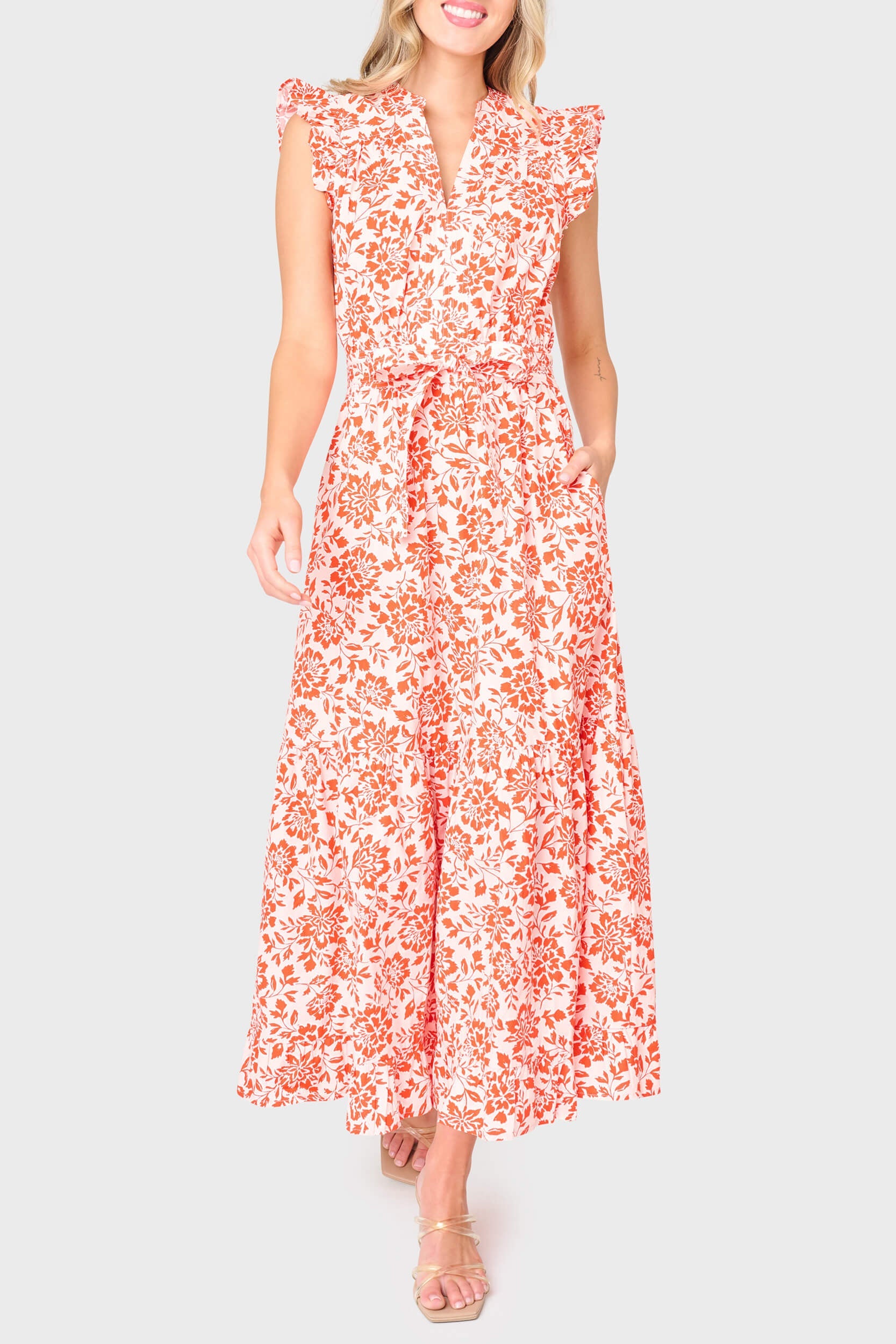 Notch Neck Flutter Sleeve Maxi Dress