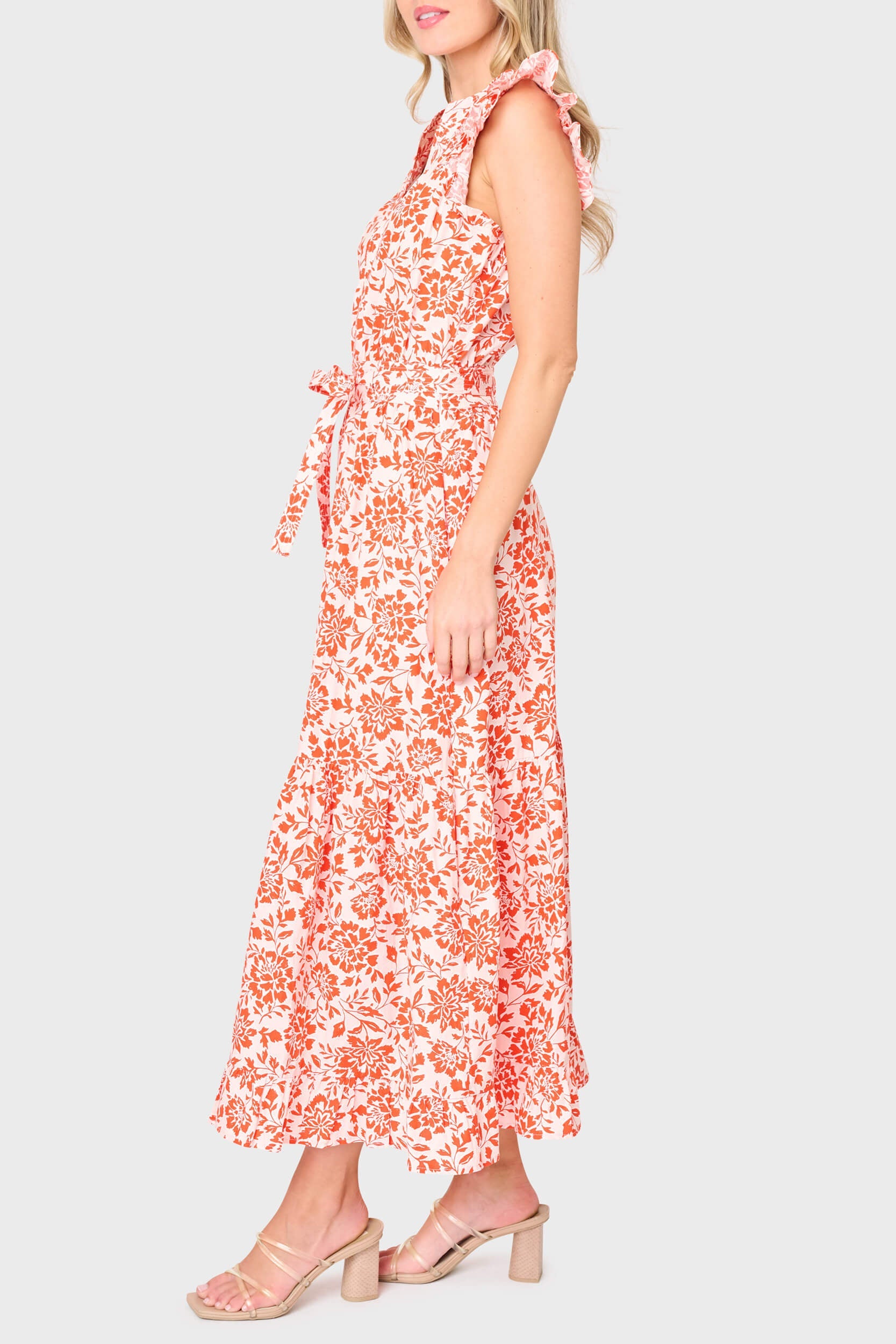 Notch Neck Flutter Sleeve Maxi Dress