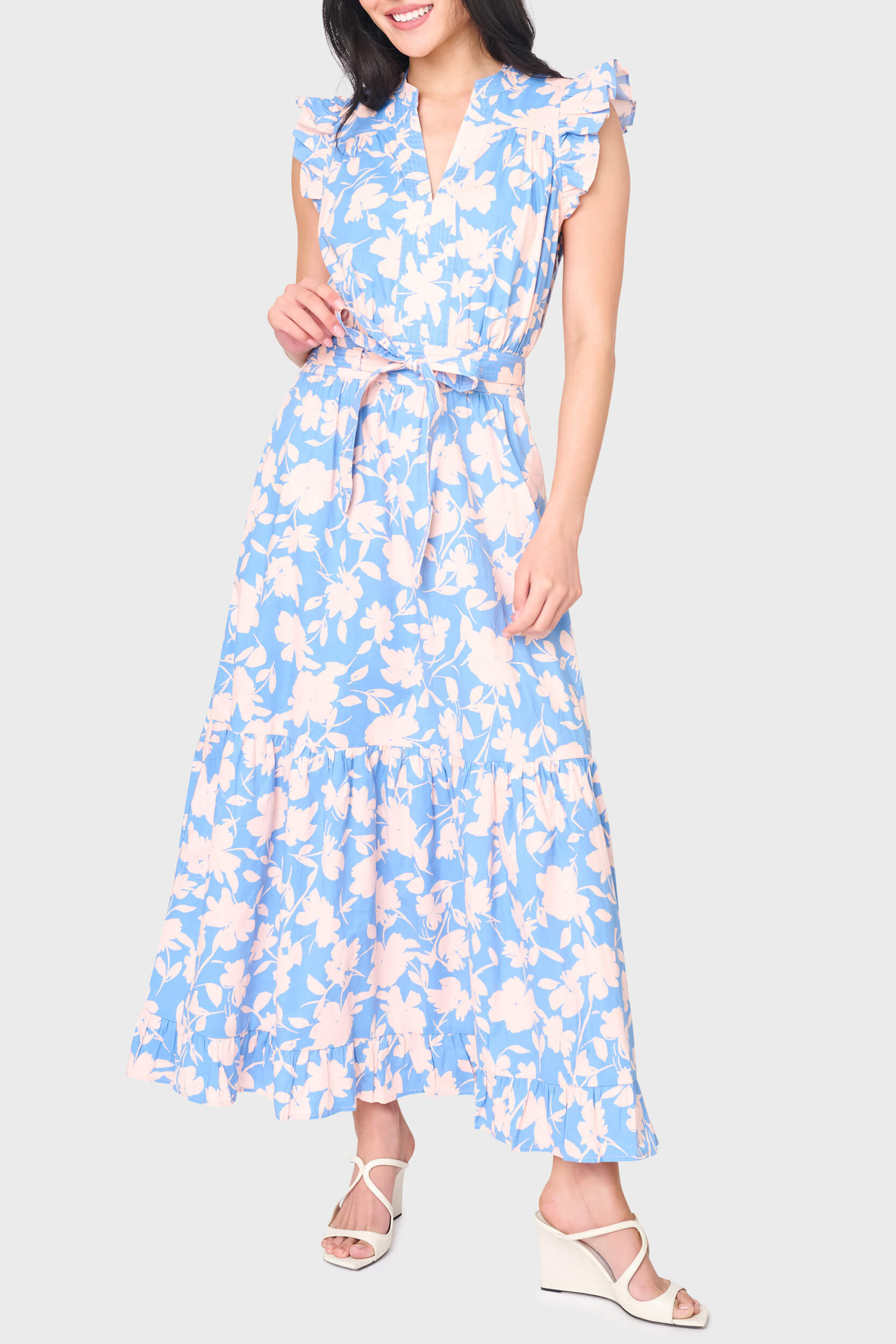 Notch Neck Flutter Sleeve Maxi Dress