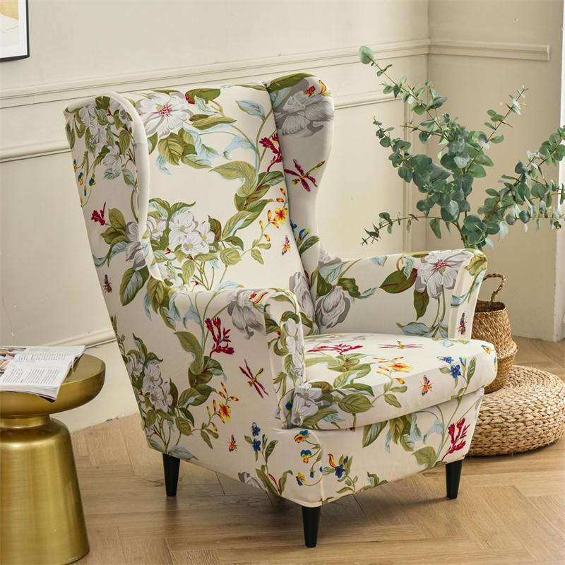 Stretch Spandex Nordic Floral Removable Wing Chair Cover, Relaxing Seat Covers Slipcovers For Armchairs
